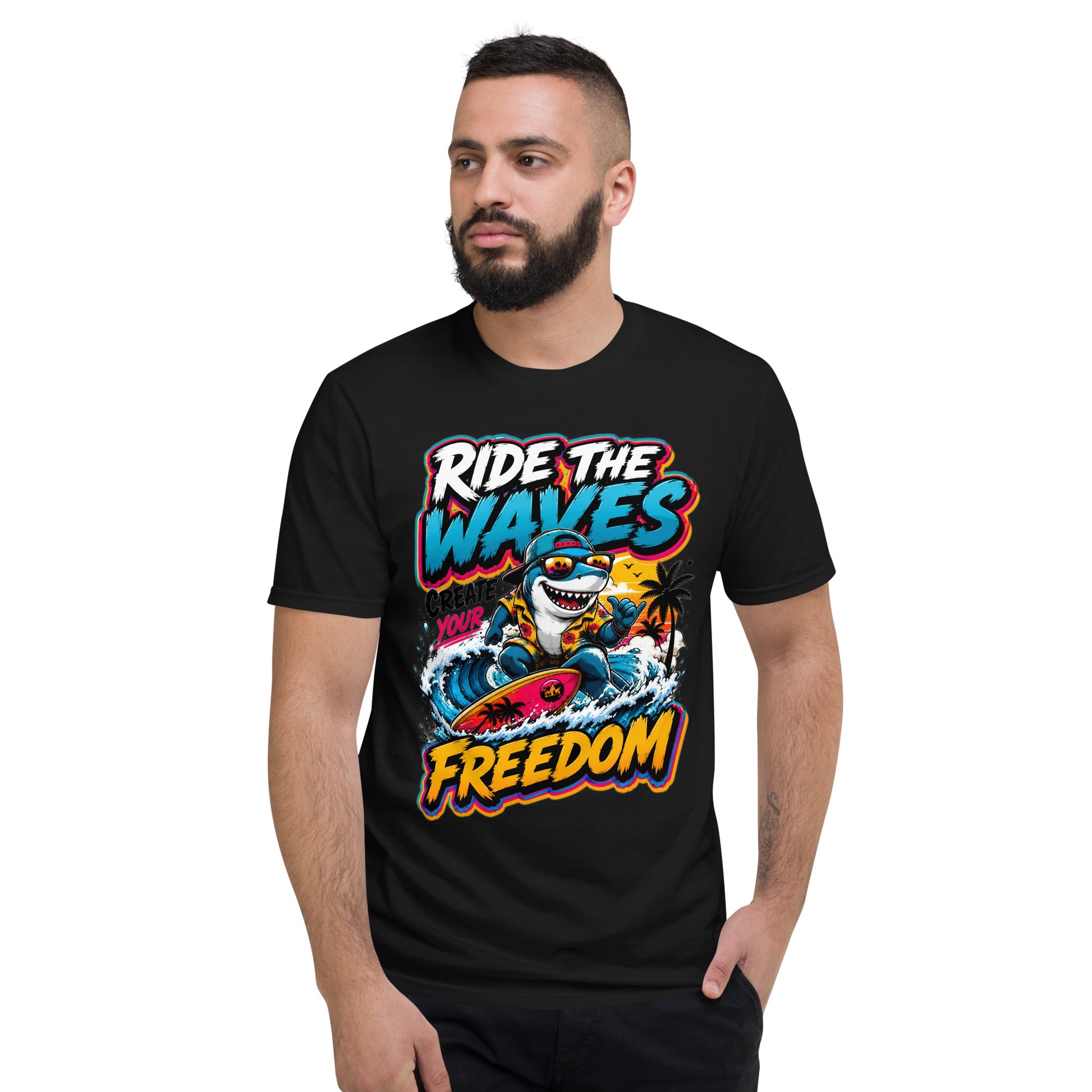 Short-Sleeve T-Shirt - Cool Surfing Shark Ride The Waves - Premium Summer Freedom Design by printfluence.net