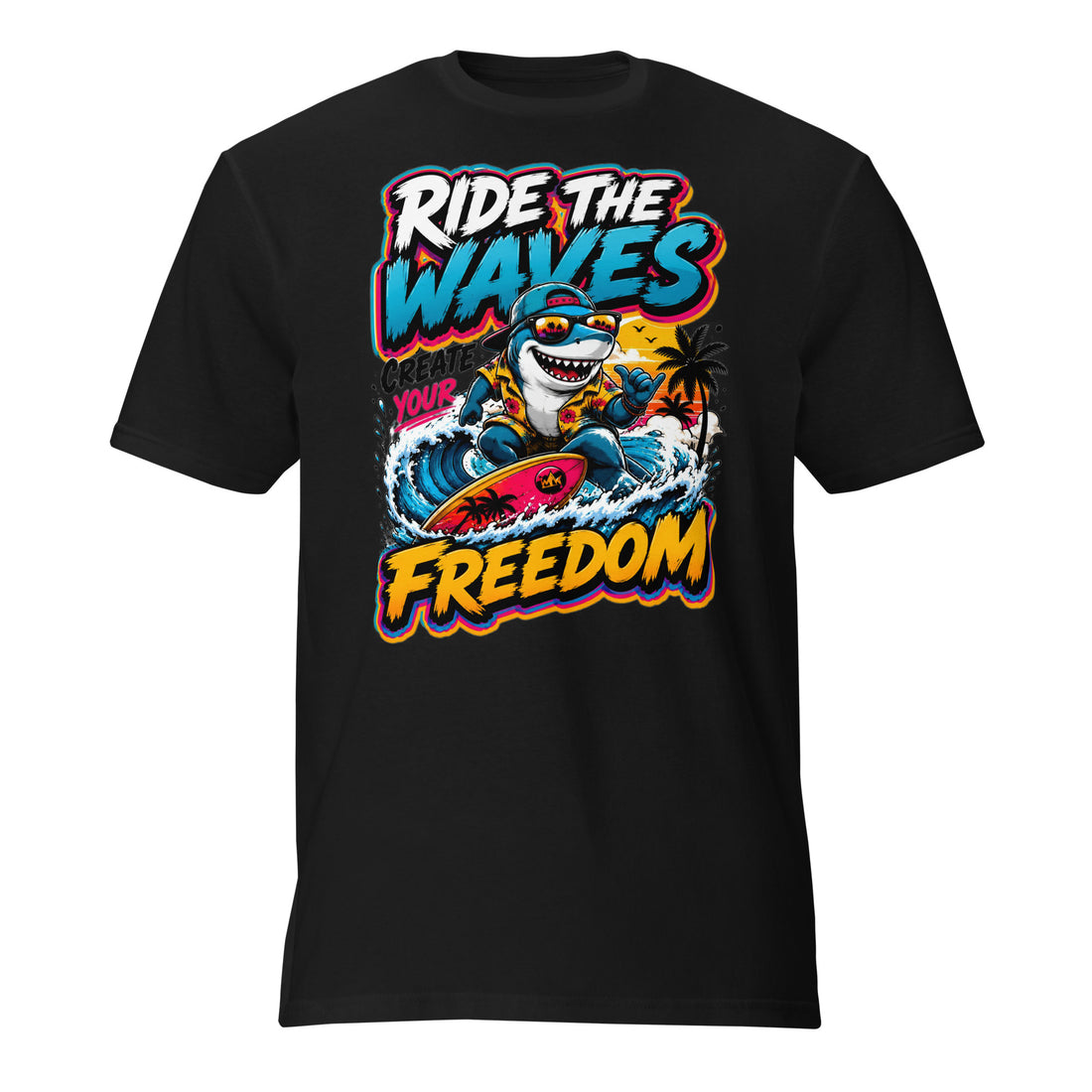 Short-Sleeve T-Shirt - Cool Surfing Shark Ride The Waves - Premium Summer Freedom Design by printfluence.net