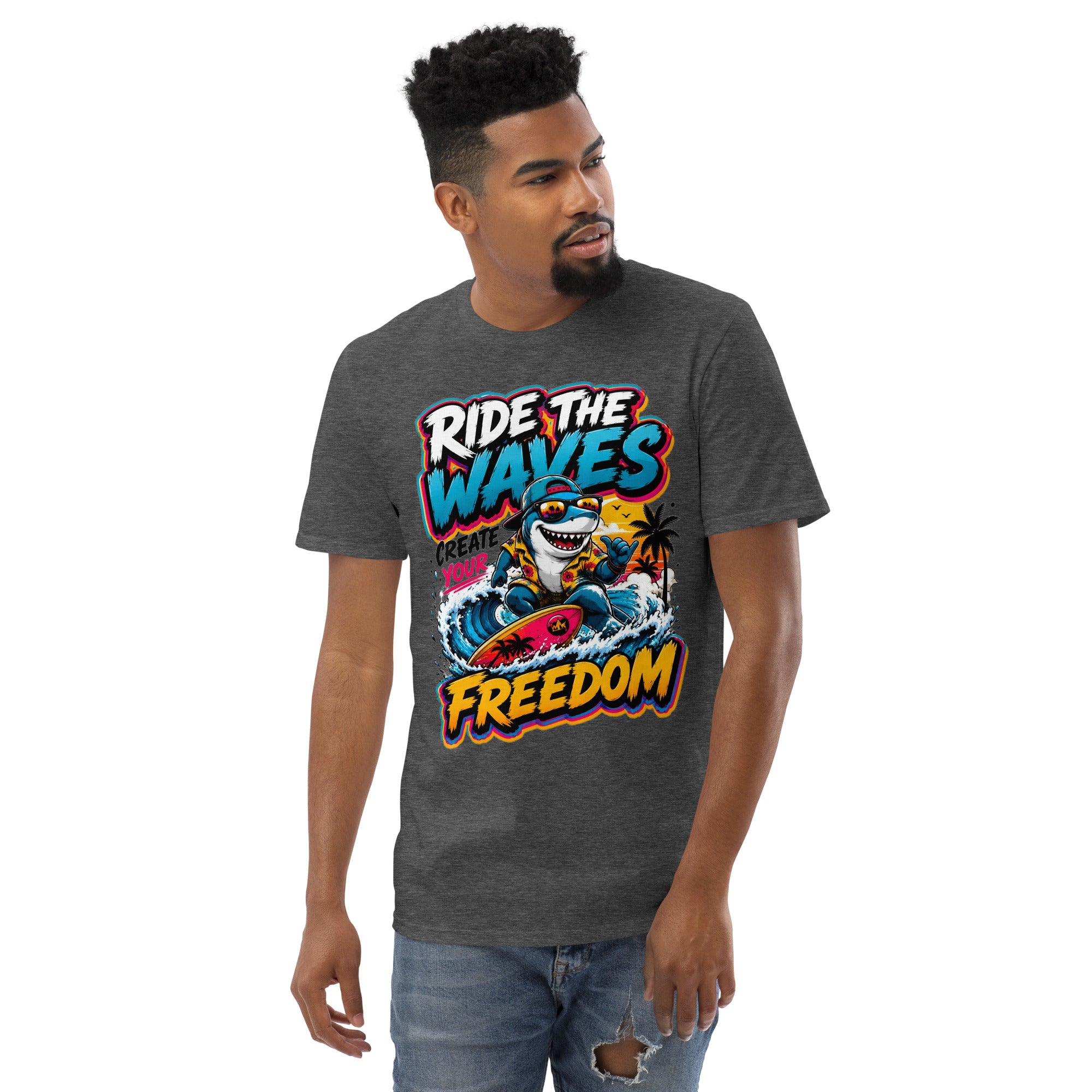 Short-Sleeve T-Shirt - Cool Surfing Shark Ride The Waves - Premium Summer Freedom Design by printfluence.net