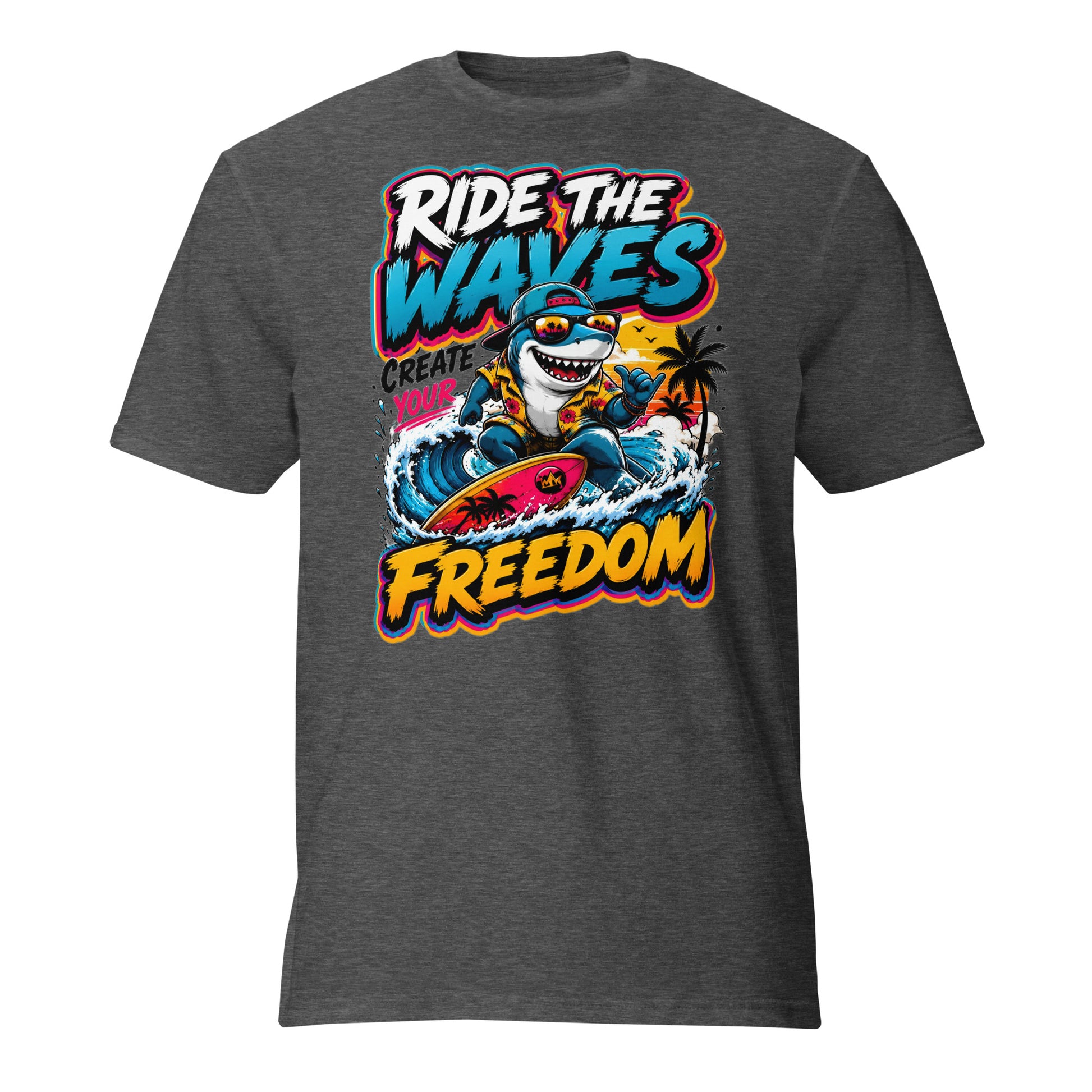 Short-Sleeve T-Shirt - Cool Surfing Shark Ride The Waves - Premium Summer Freedom Design by printfluence.net