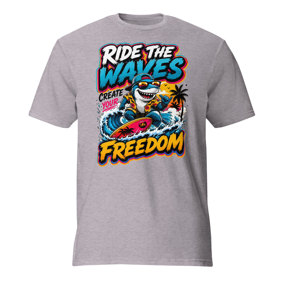 Short-Sleeve T-Shirt - Cool Surfing Shark Ride The Waves - Premium Summer Freedom Design by printfluence.net
