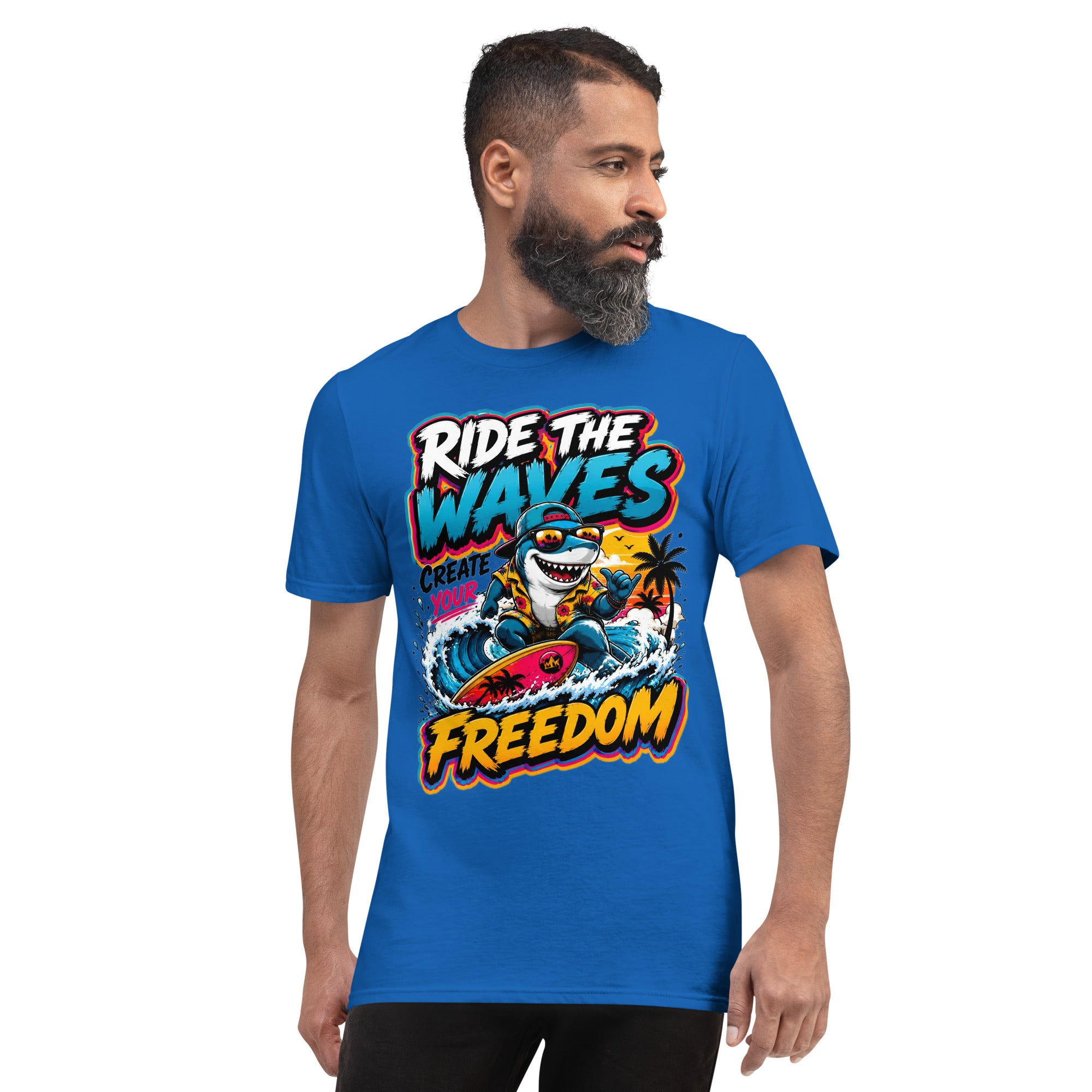Short-Sleeve T-Shirt - Cool Surfing Shark Ride The Waves - Premium Summer Freedom Design by printfluence.net