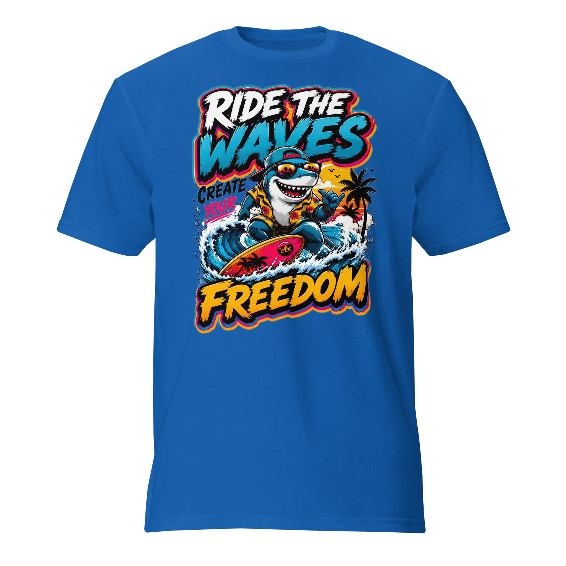 Short-Sleeve T-Shirt - Cool Surfing Shark Ride The Waves - Premium Summer Freedom Design by printfluence.net