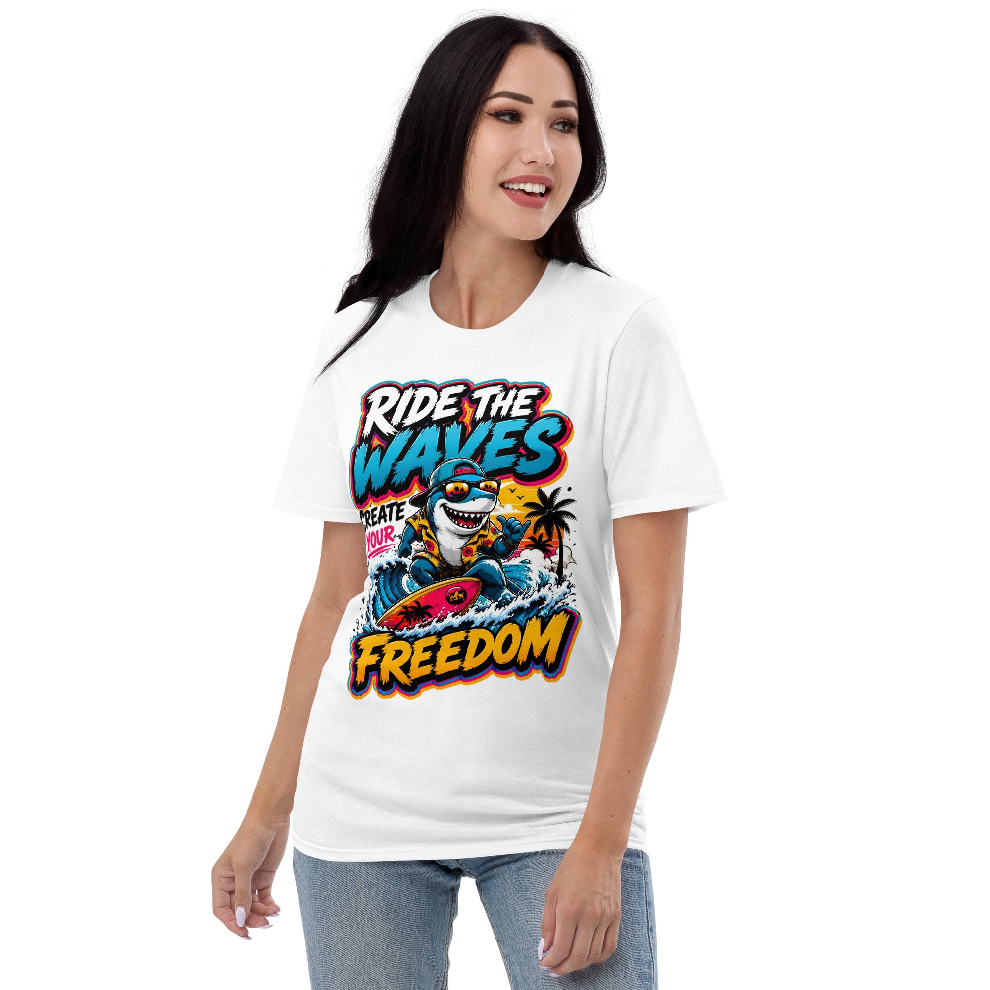 Short-Sleeve T-Shirt - Cool Surfing Shark Ride The Waves - Premium Summer Freedom Design by printfluence.net
