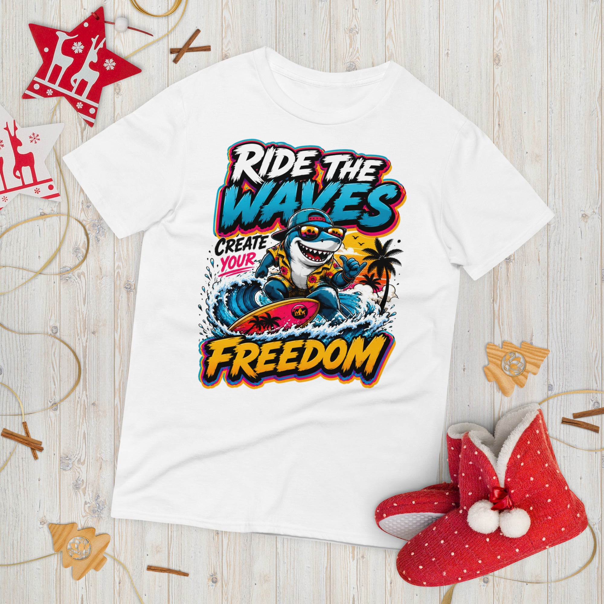 Short-Sleeve T-Shirt - Cool Surfing Shark Ride The Waves - Premium Summer Freedom Design by printfluence.net