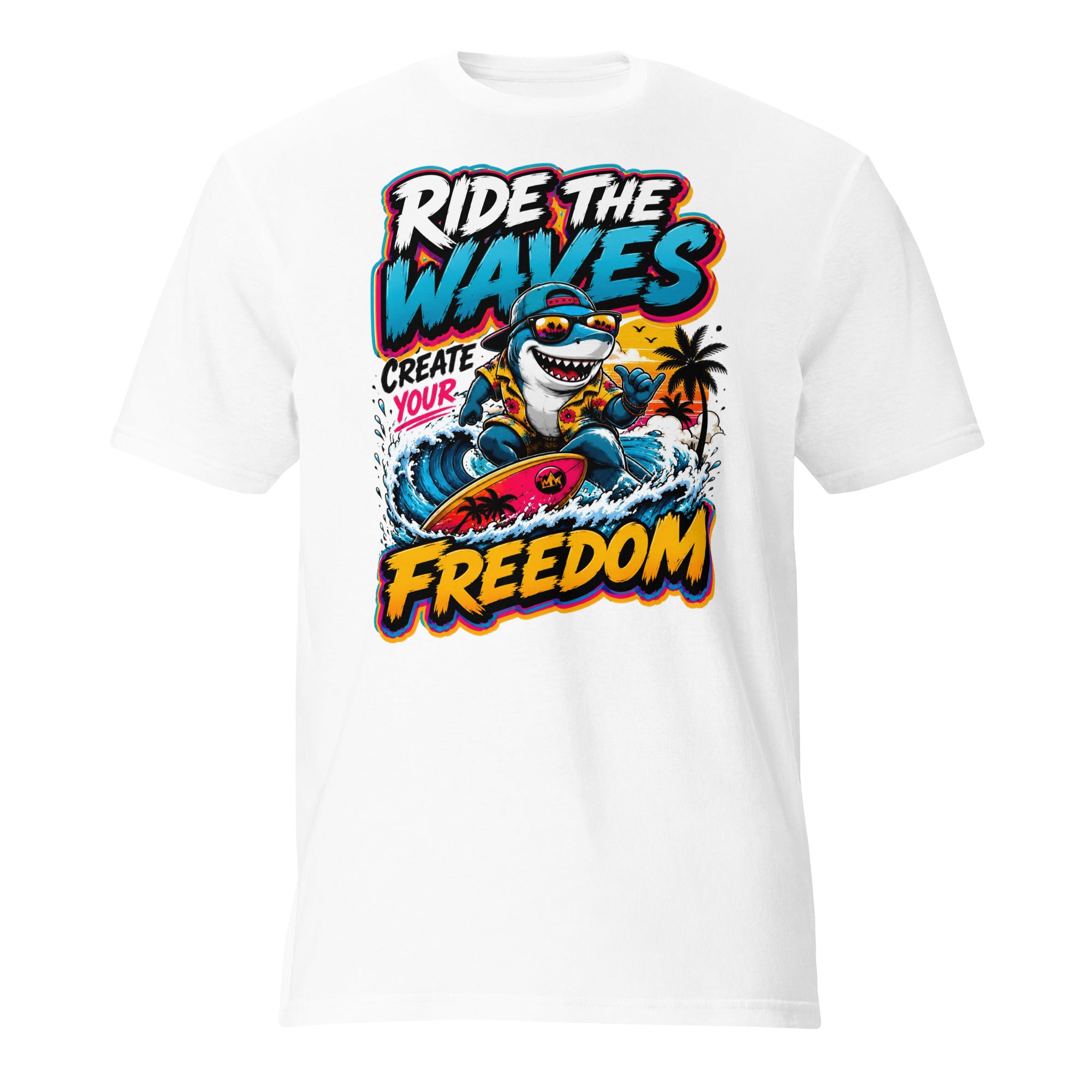 Short-Sleeve T-Shirt - Cool Surfing Shark Ride The Waves - Premium Summer Freedom Design by printfluence.net