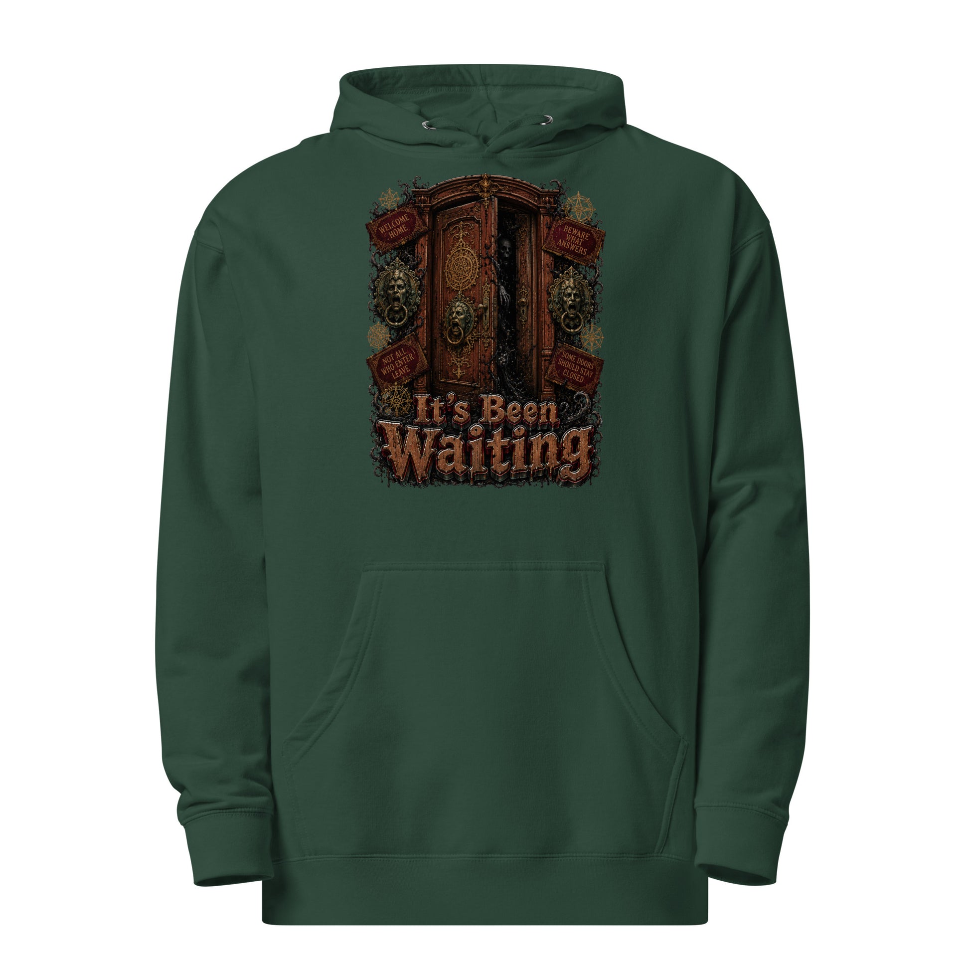 Horror and Mystery Lovers Unisex Midweight Hoodie — "It's Been Waiting" Haunted Door and Creepy Entity Design by printfluence.net