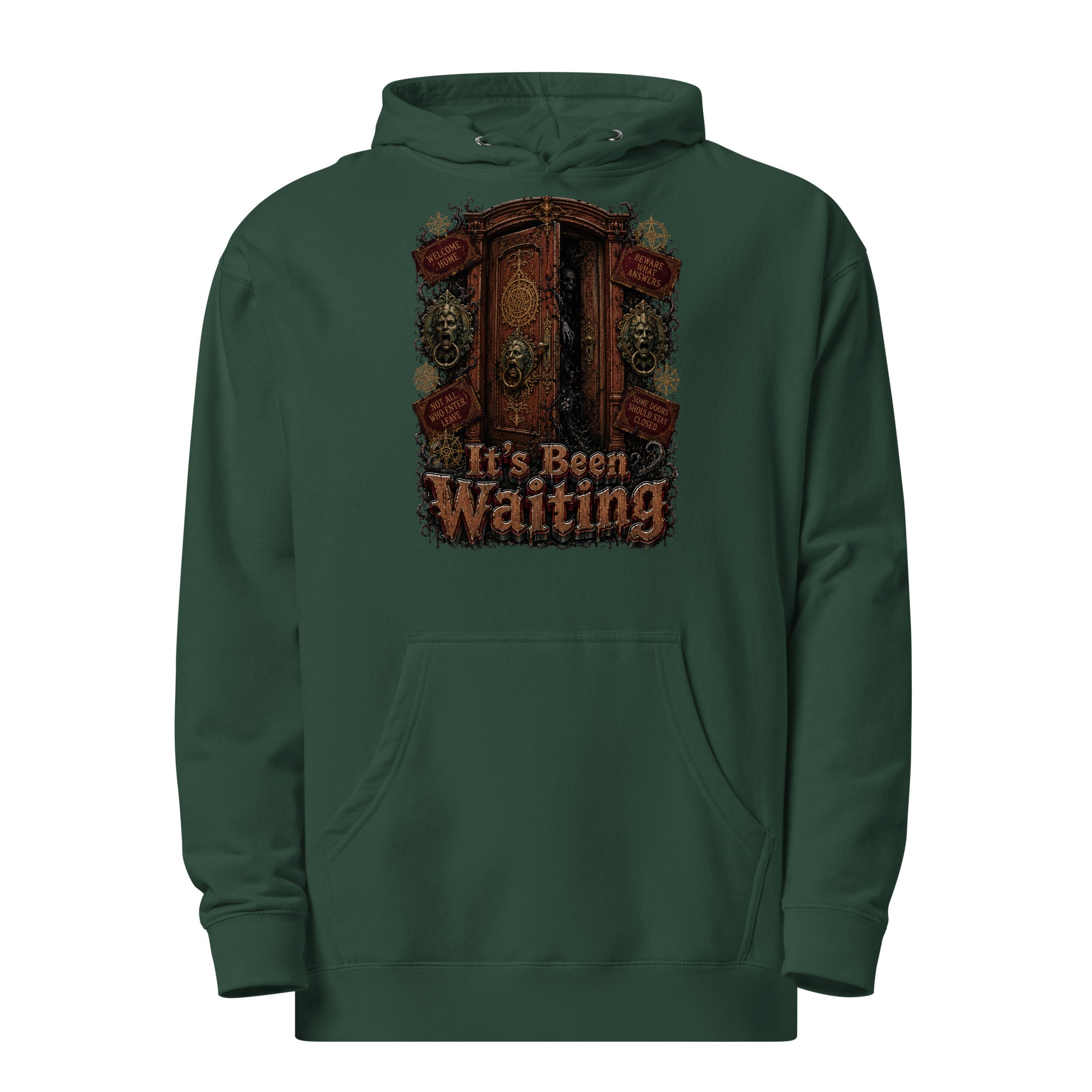 Horror and Mystery Lovers Unisex Midweight Hoodie — "It's Been Waiting" Haunted Door and Creepy Entity Design by printfluence.net