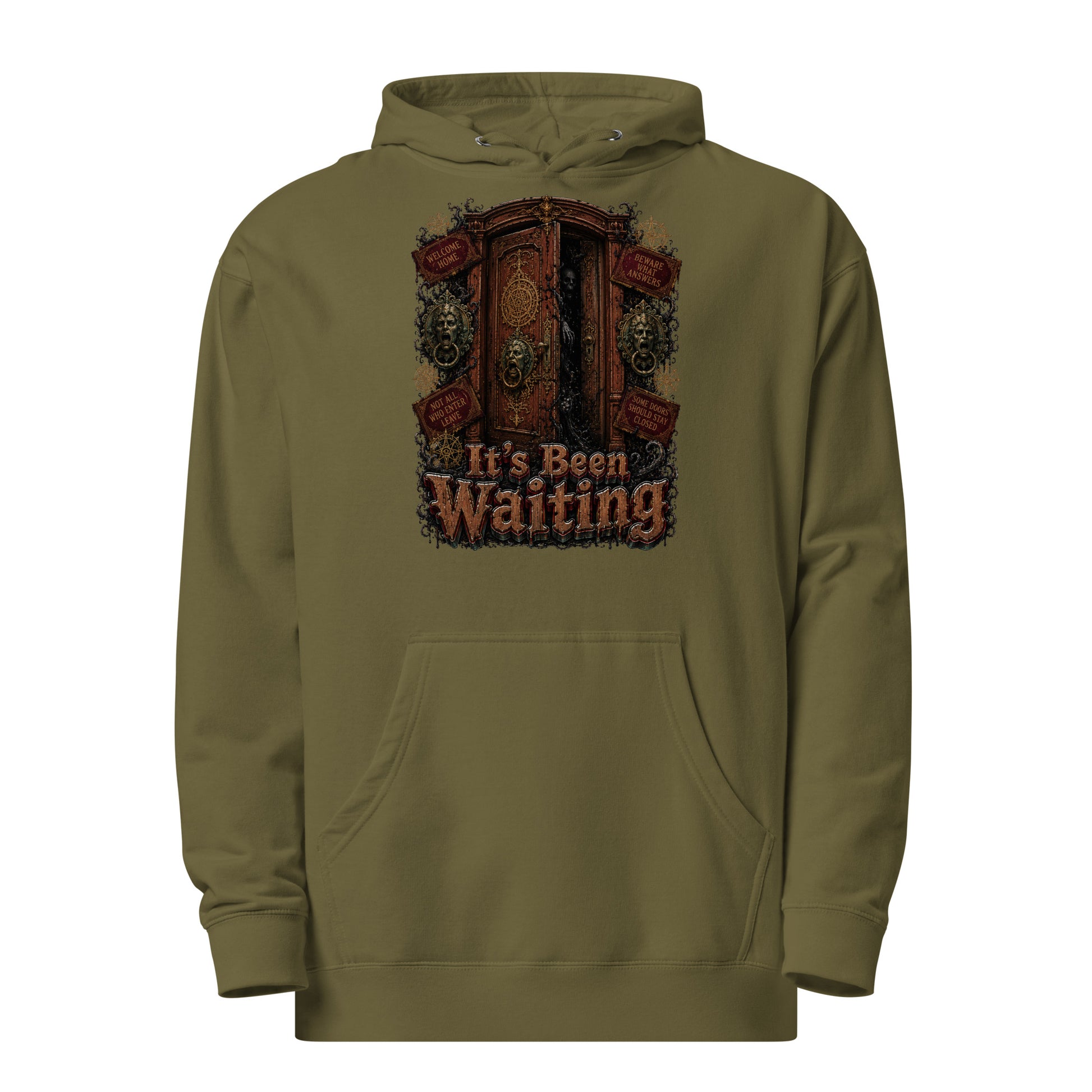 Horror and Mystery Lovers Unisex Midweight Hoodie — "It's Been Waiting" Haunted Door and Creepy Entity Design by printfluence.net
