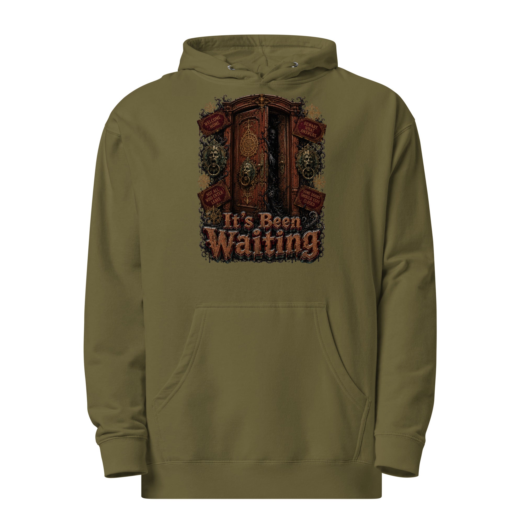 Horror and Mystery Lovers Unisex Midweight Hoodie — "It's Been Waiting" Haunted Door and Creepy Entity Design by printfluence.net