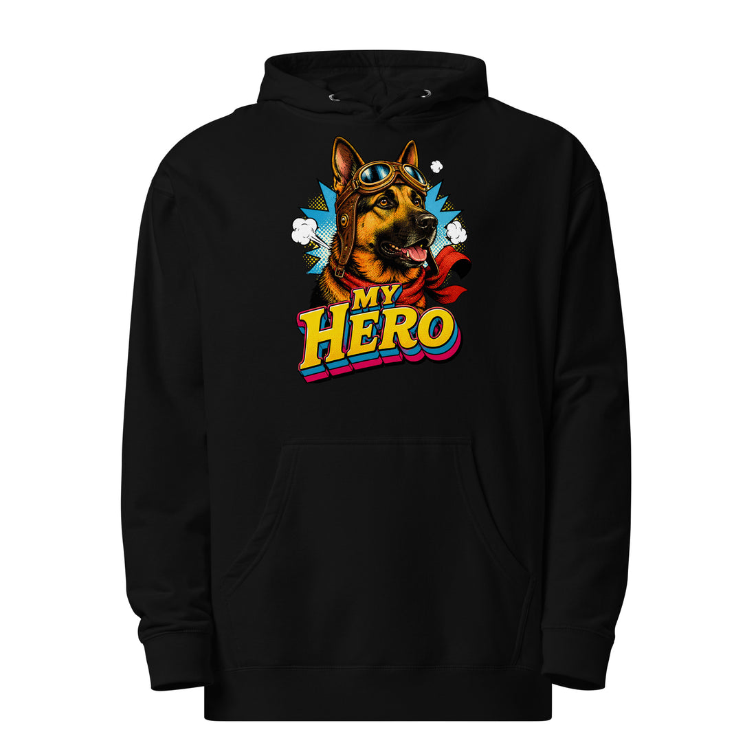 German Shepherd Lovers Unisex Midweight Hoodie | "My Hero" Vintage Pop-Art Graphic Sweatshirt by printfluence.net