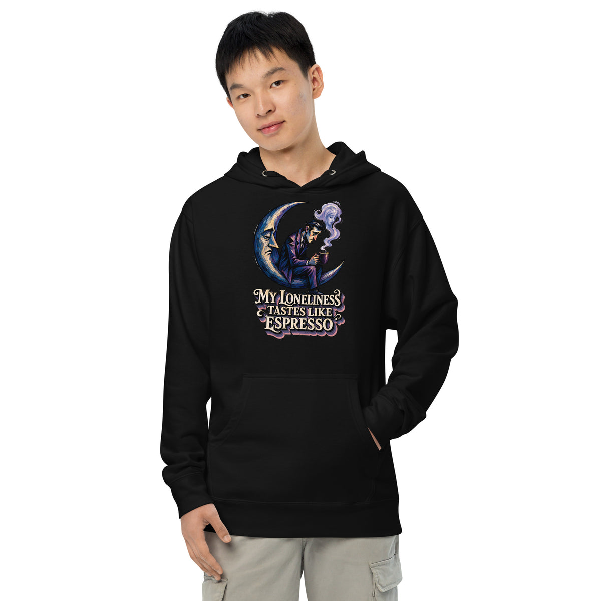 Coffee Lovers Unisex Midweight Hoodie My Loneliness Tastes Like Espresso – Melancholic Moon & Coffee Graphic Pullover by printfluence.net