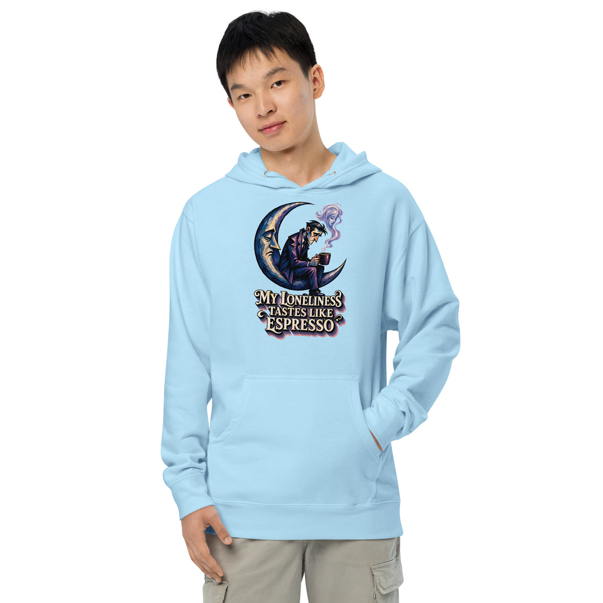 Coffee Lovers Unisex Midweight Hoodie My Loneliness Tastes Like Espresso – Melancholic Moon & Coffee Graphic Pullover by printfluence.net