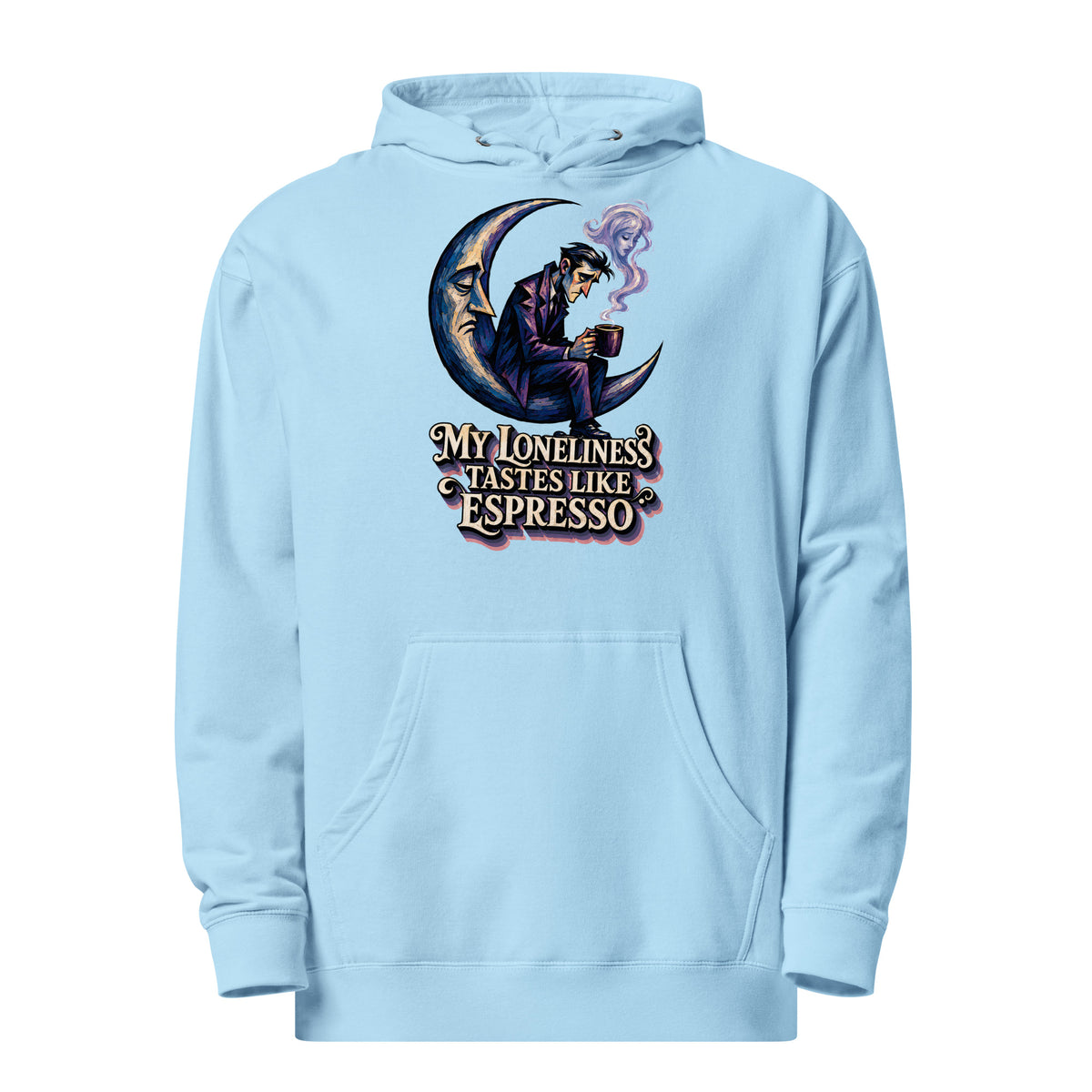 Coffee Lovers Unisex Midweight Hoodie My Loneliness Tastes Like Espresso – Melancholic Moon & Coffee Graphic Pullover by printfluence.net