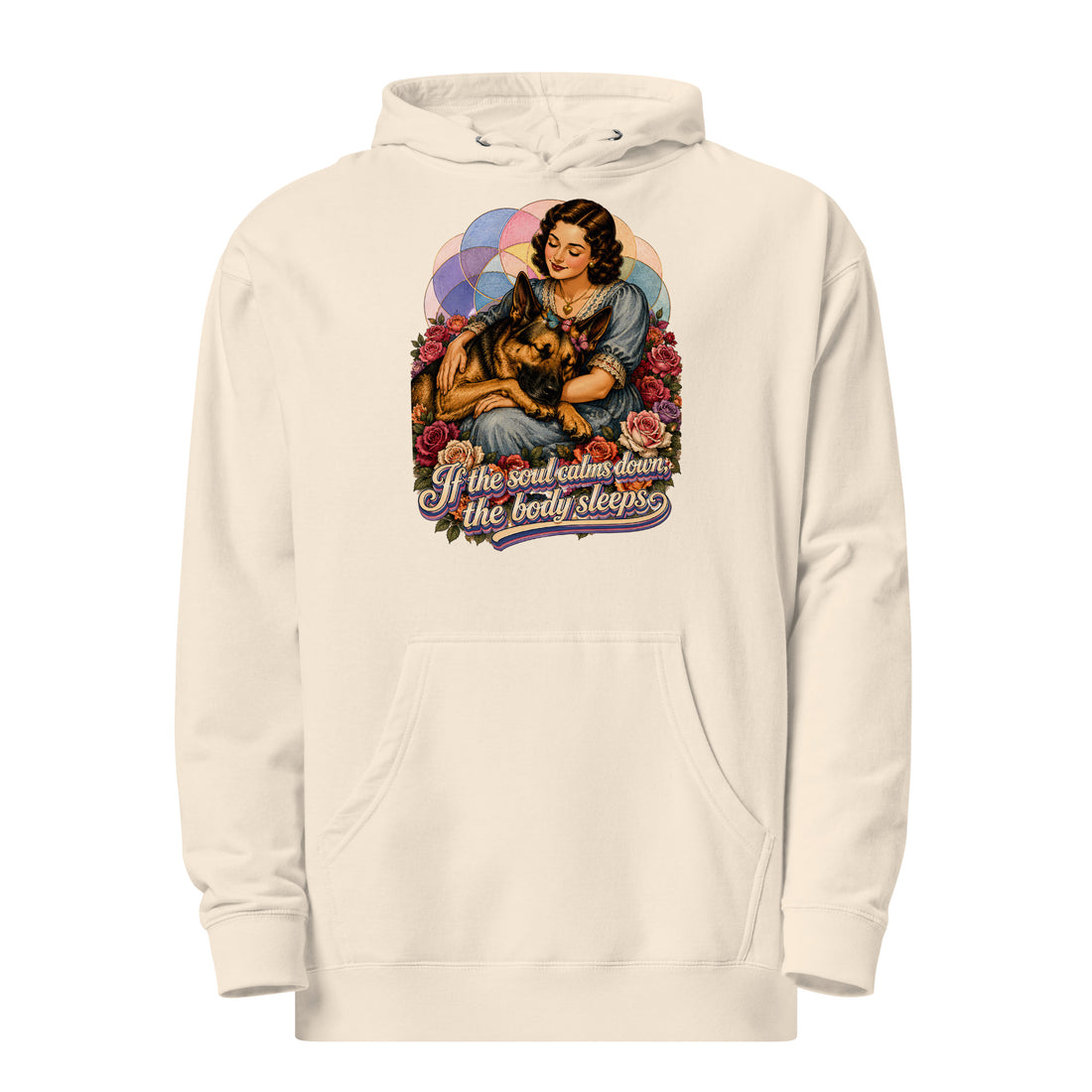 German Shepherd Lovers Unisex Midweight Hoodie | "If the Soul Calms Down" Artistic Graphic Sweatshirt by printfluence.net