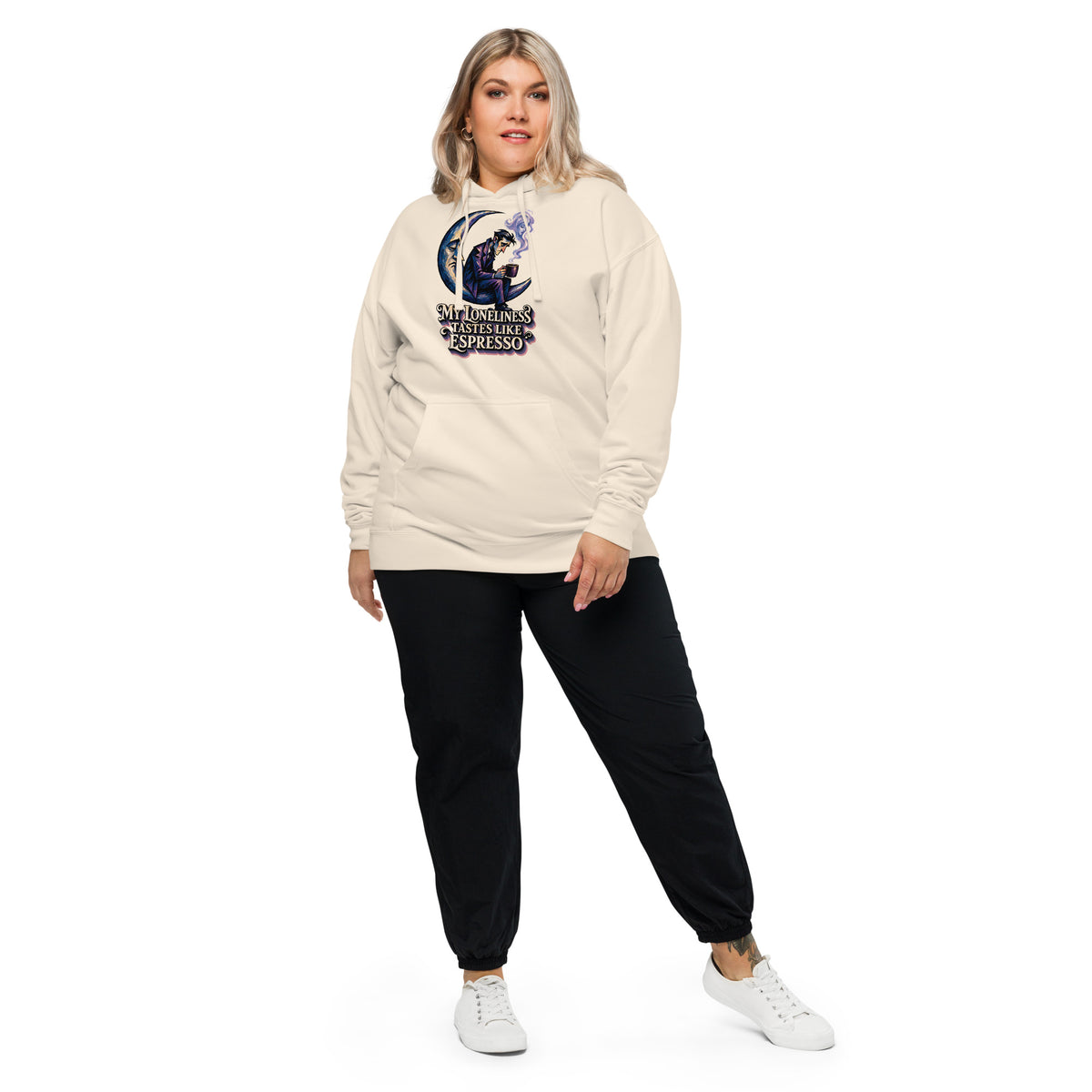 Coffee Lovers Unisex Midweight Hoodie My Loneliness Tastes Like Espresso – Melancholic Moon & Coffee Graphic Pullover by printfluence.net