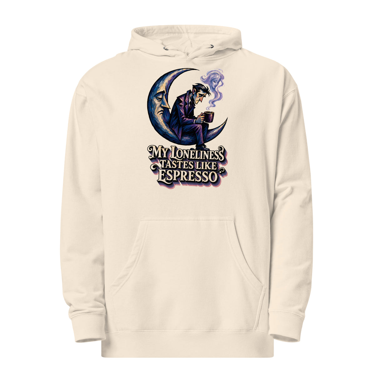 Coffee Lovers Unisex Midweight Hoodie My Loneliness Tastes Like Espresso – Melancholic Moon & Coffee Graphic Pullover by printfluence.net