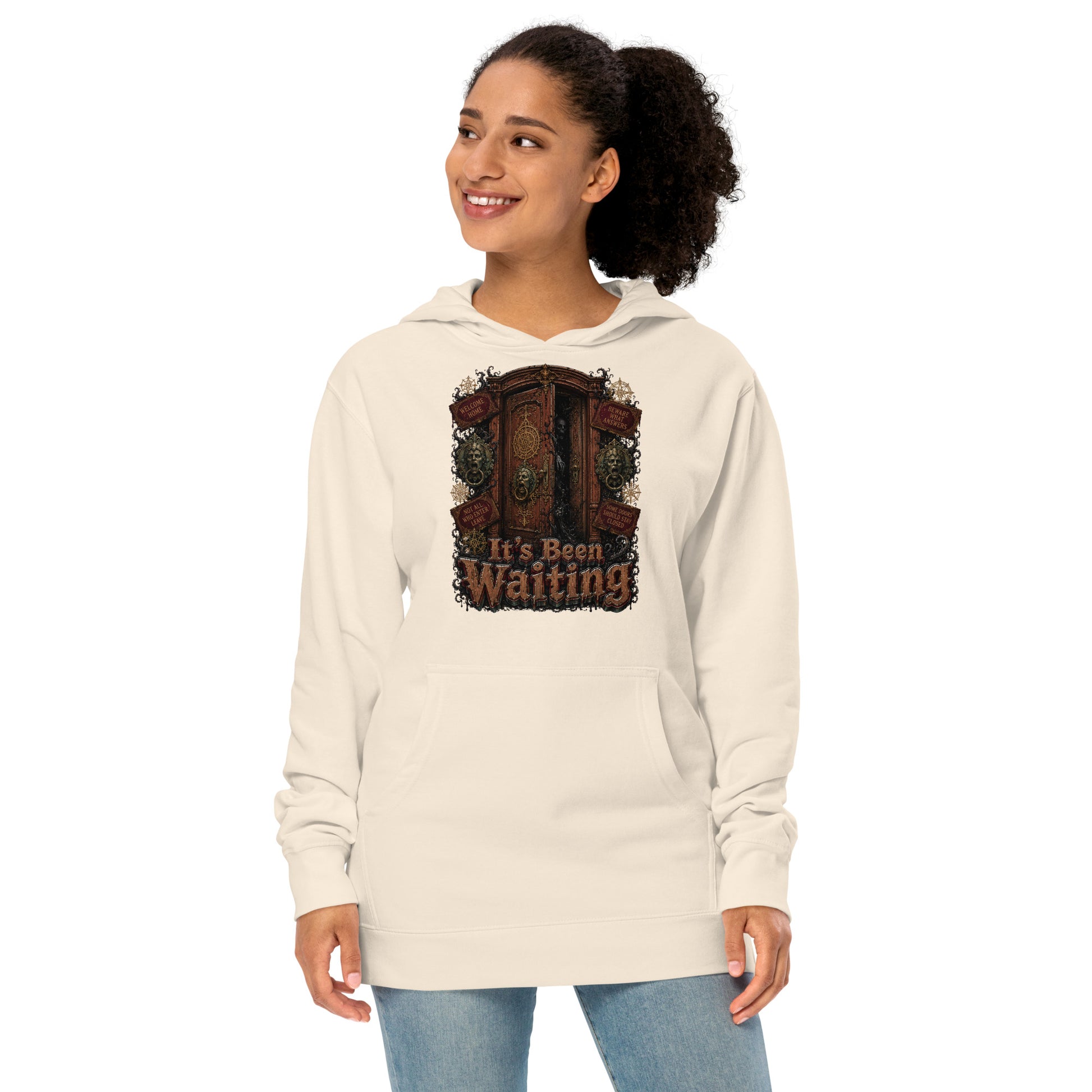 Horror and Mystery Lovers Unisex Midweight Hoodie — "It's Been Waiting" Haunted Door and Creepy Entity Design by printfluence.net