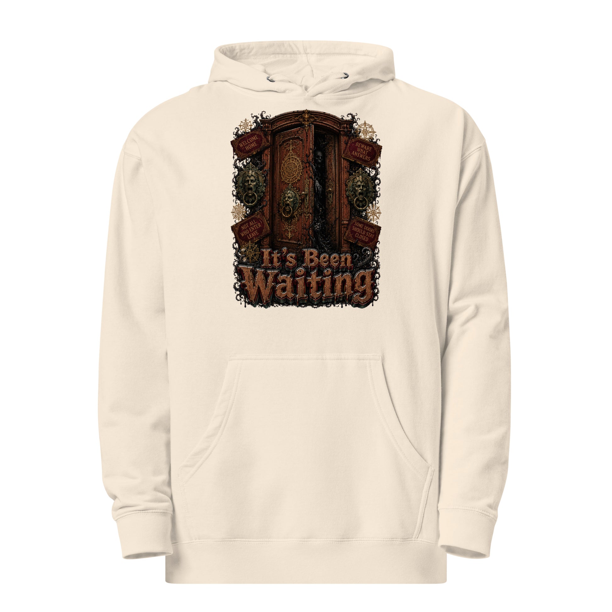 Horror and Mystery Lovers Unisex Midweight Hoodie — "It's Been Waiting" Haunted Door and Creepy Entity Design by printfluence.net