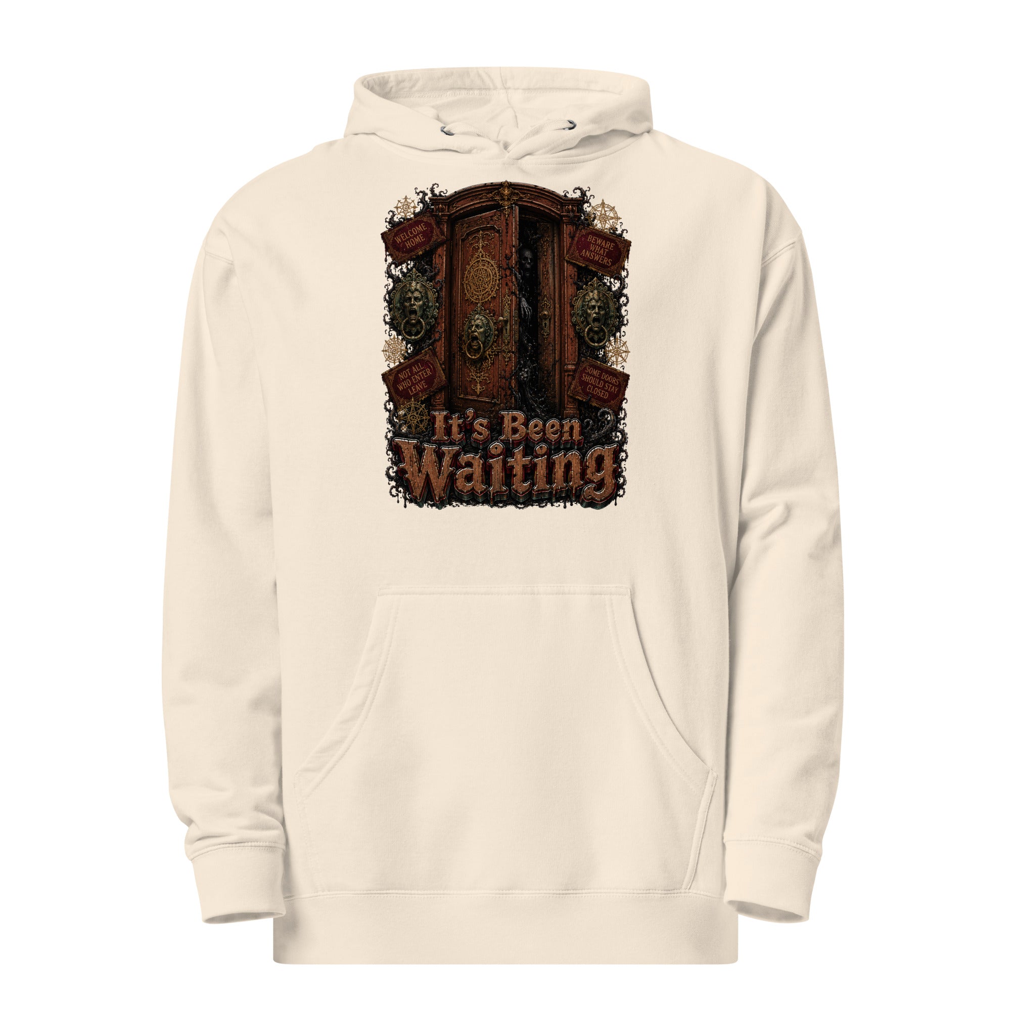 Horror and Mystery Lovers Unisex Midweight Hoodie — "It's Been Waiting" Haunted Door and Creepy Entity Design by printfluence.net