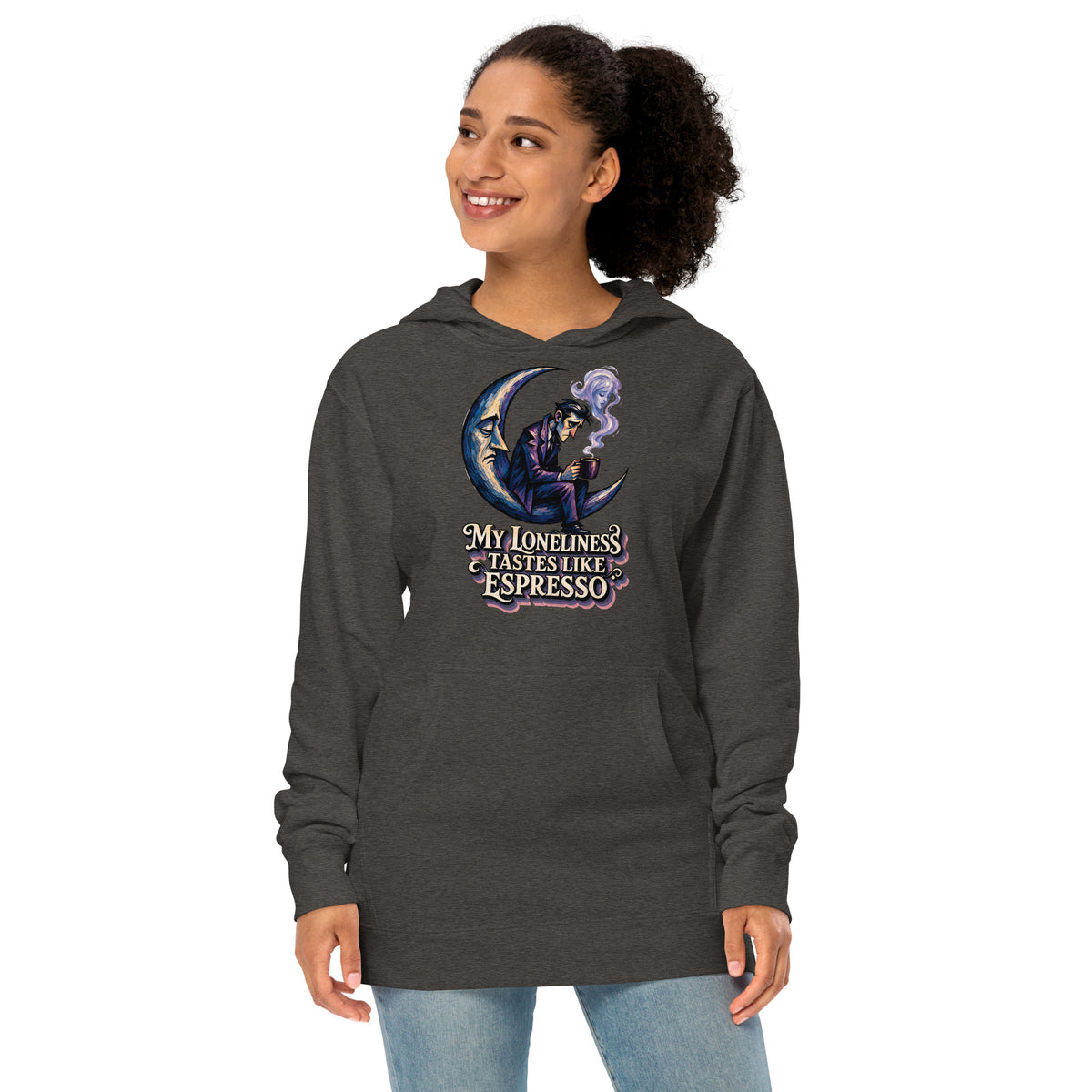 Coffee Lovers Unisex Midweight Hoodie My Loneliness Tastes Like Espresso – Melancholic Moon & Coffee Graphic Pullover by printfluence.net