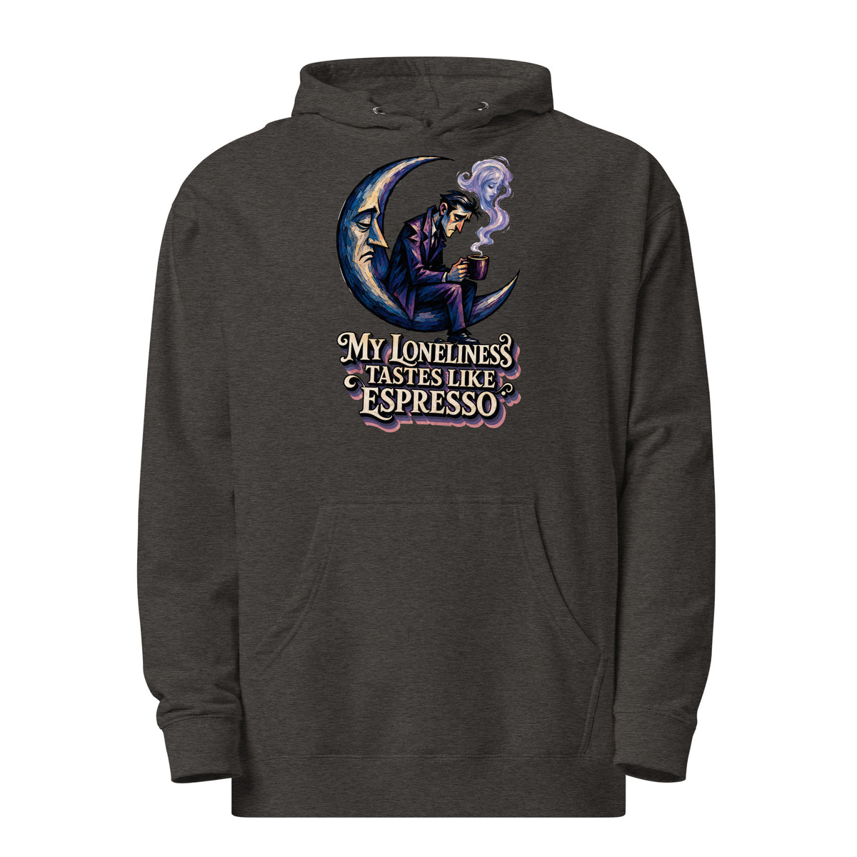 Coffee Lovers Unisex Midweight Hoodie My Loneliness Tastes Like Espresso – Melancholic Moon & Coffee Graphic Pullover by printfluence.net