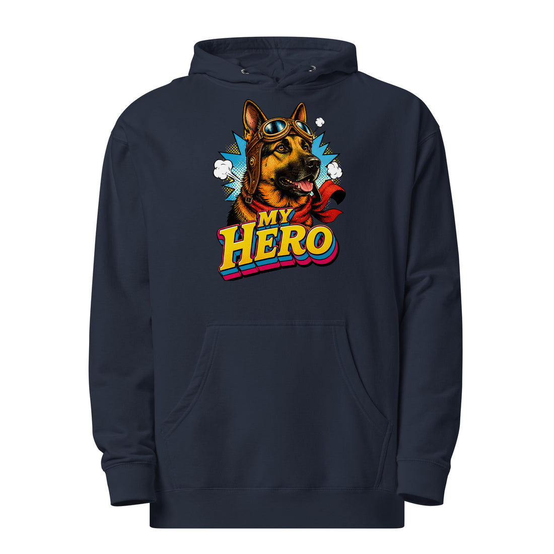 German Shepherd Lovers Unisex Midweight Hoodie | "My Hero" Vintage Pop-Art Graphic Sweatshirt by printfluence.net