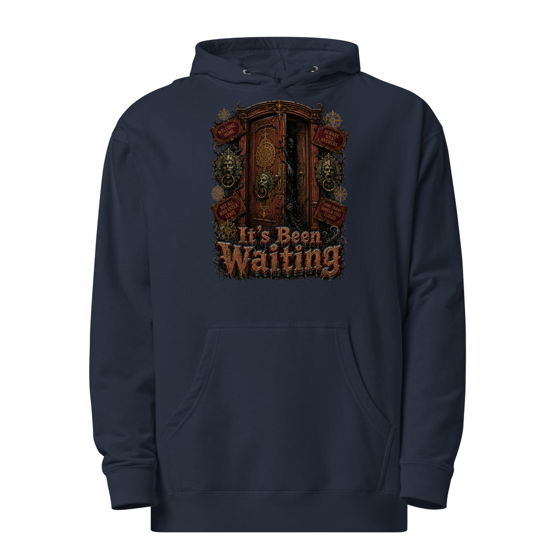 Horror and Mystery Lovers Unisex Midweight Hoodie — "It's Been Waiting" Haunted Door and Creepy Entity Design by printfluence.net