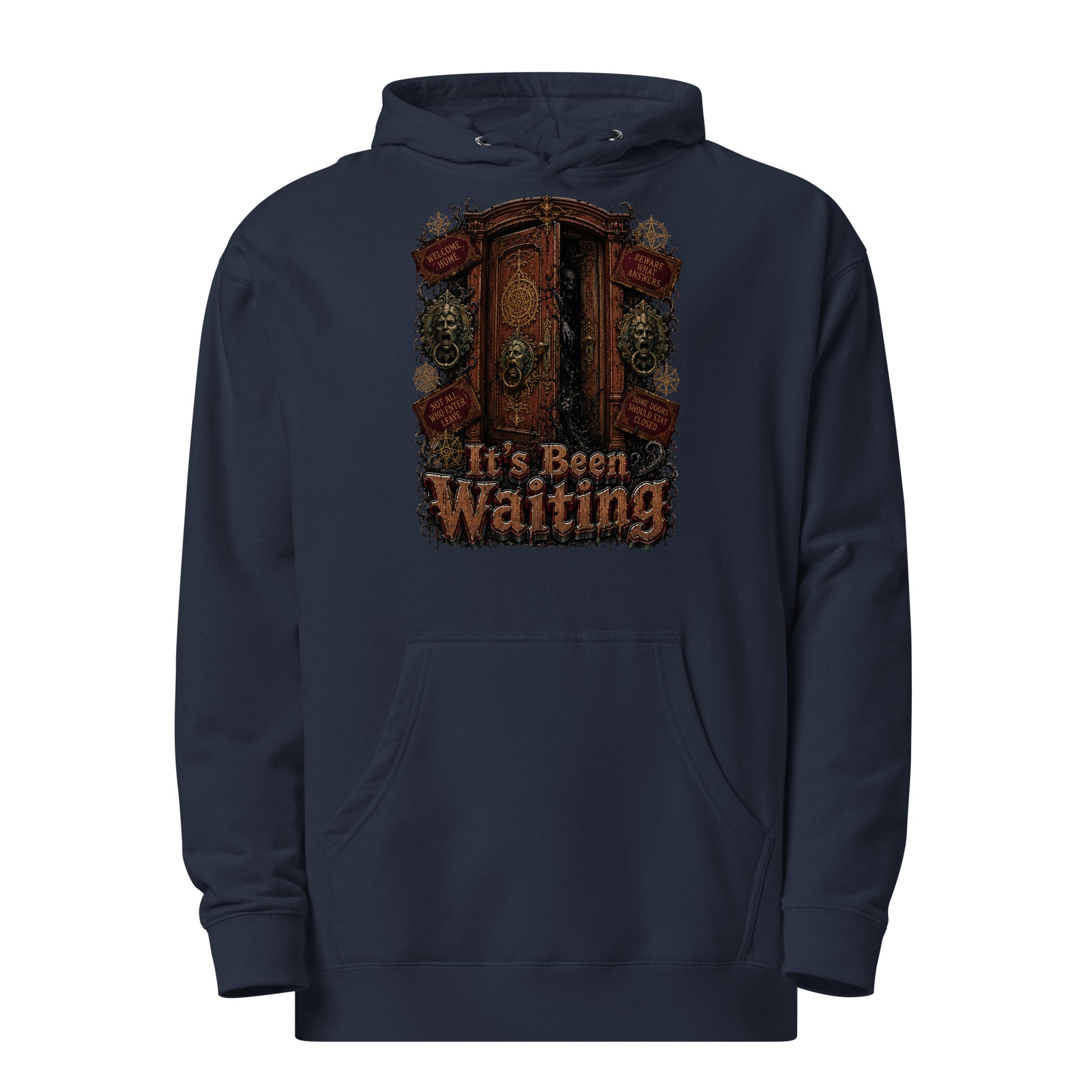 Horror and Mystery Lovers Unisex Midweight Hoodie — "It's Been Waiting" Haunted Door and Creepy Entity Design by printfluence.net