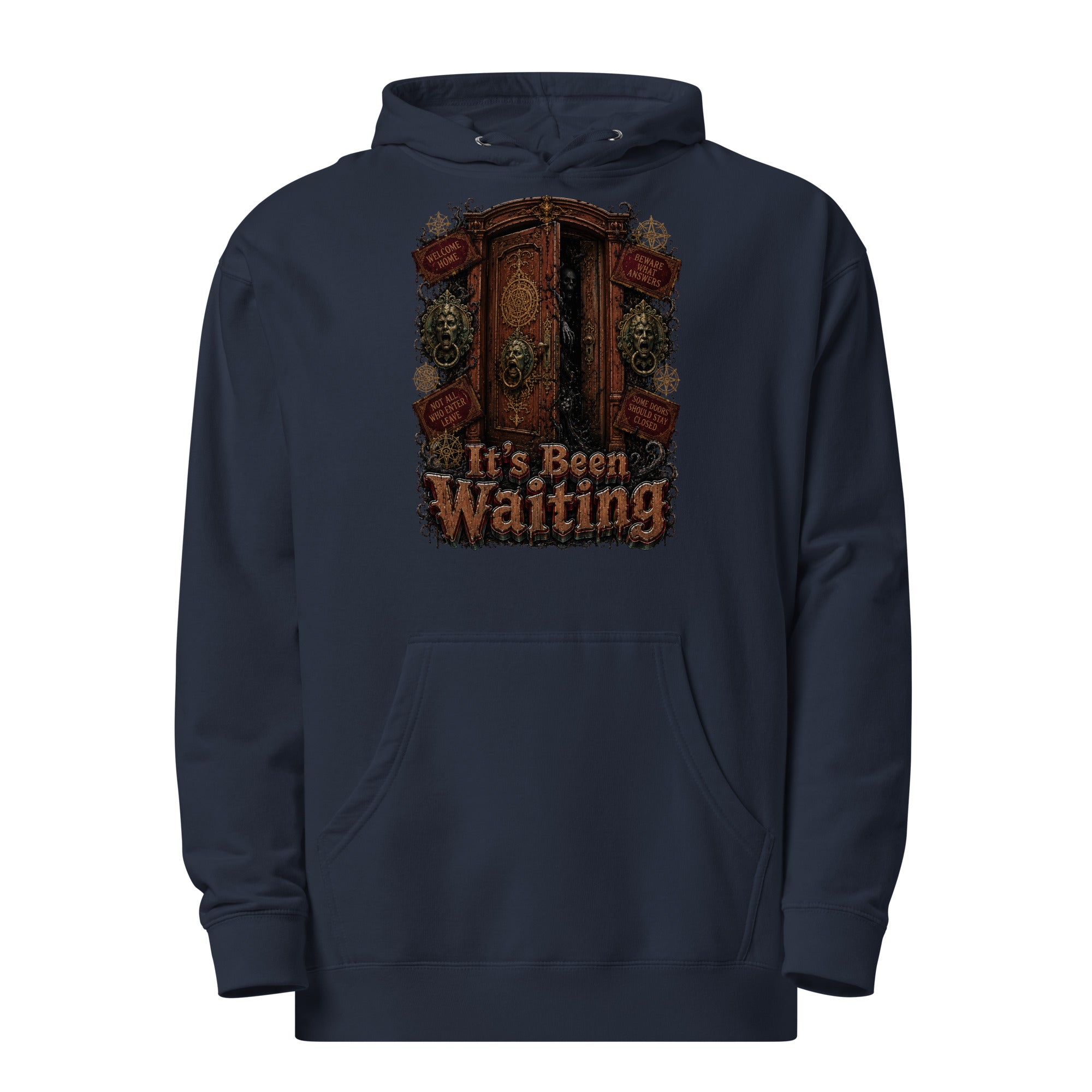 Horror and Mystery Lovers Unisex Midweight Hoodie — "It's Been Waiting" Haunted Door and Creepy Entity Design by printfluence.net