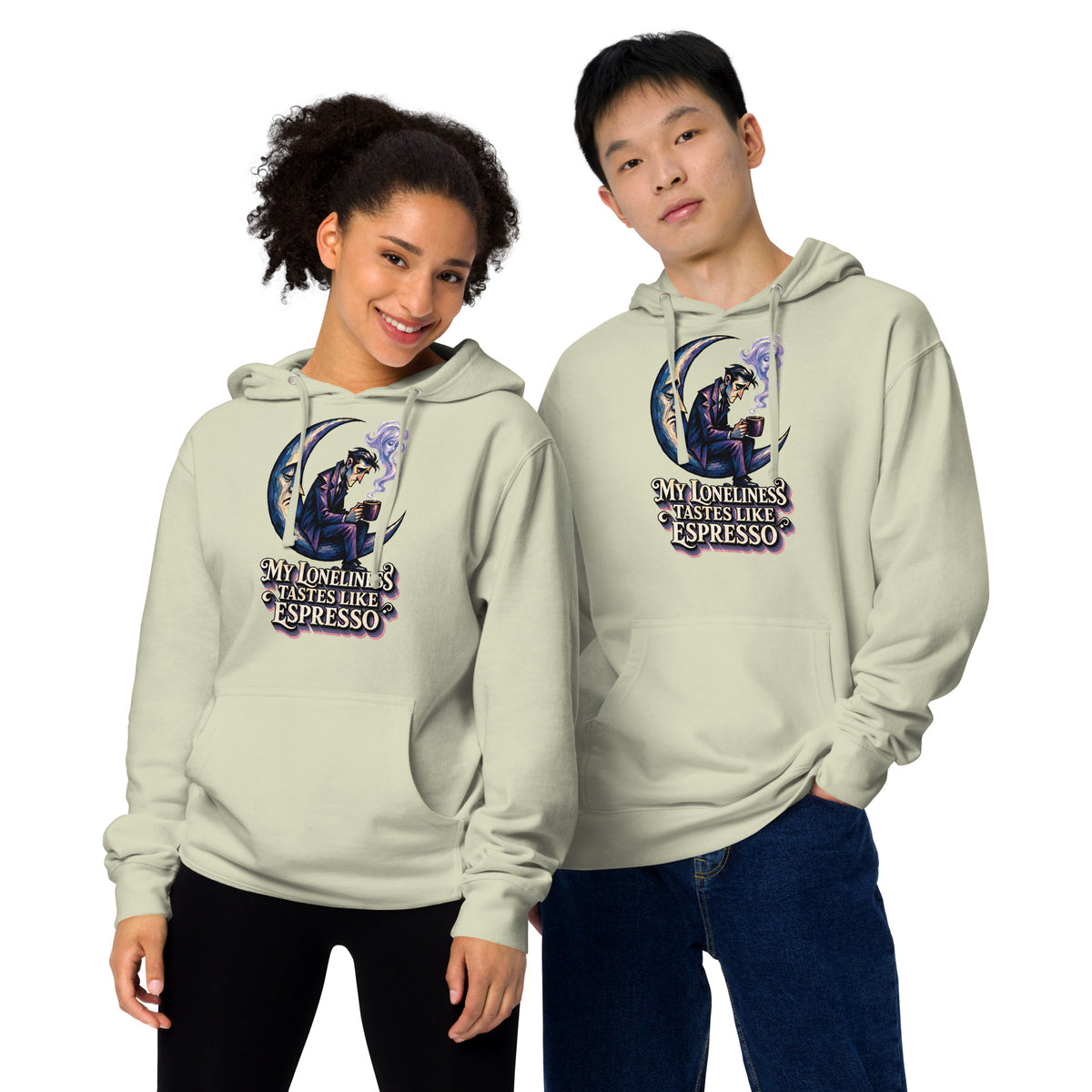 Coffee Lovers Unisex Midweight Hoodie My Loneliness Tastes Like Espresso – Melancholic Moon & Coffee Graphic Pullover by printfluence.net