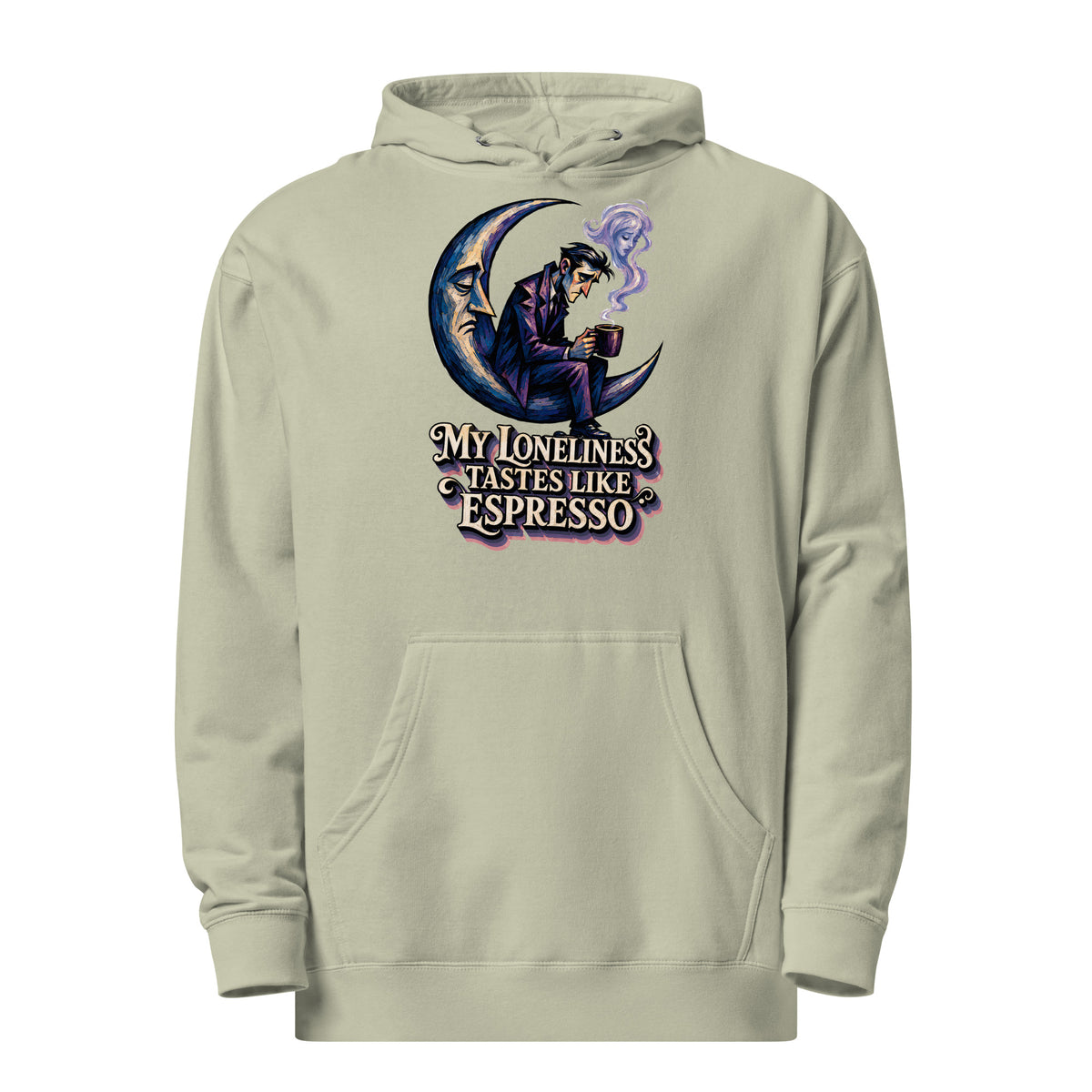 Coffee Lovers Unisex Midweight Hoodie My Loneliness Tastes Like Espresso – Melancholic Moon & Coffee Graphic Pullover by printfluence.net