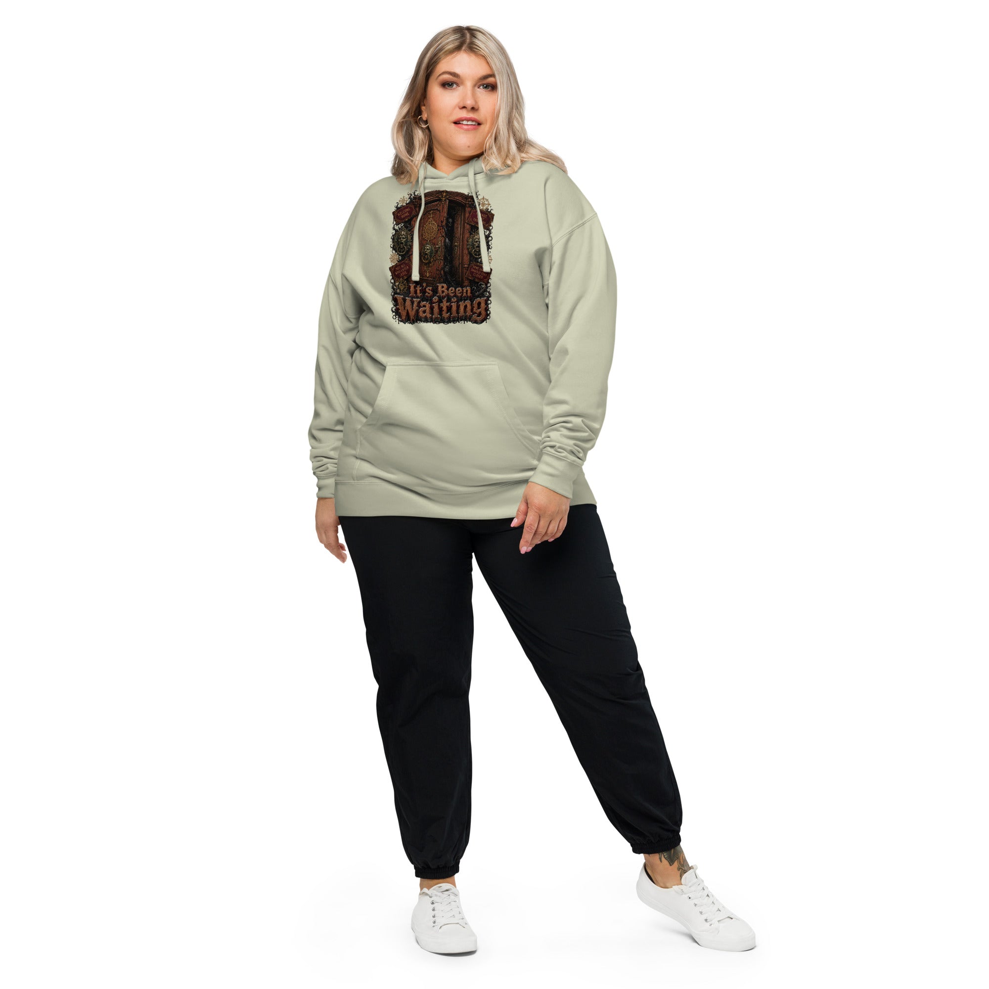 Horror and Mystery Lovers Unisex Midweight Hoodie — "It's Been Waiting" Haunted Door and Creepy Entity Design by printfluence.net