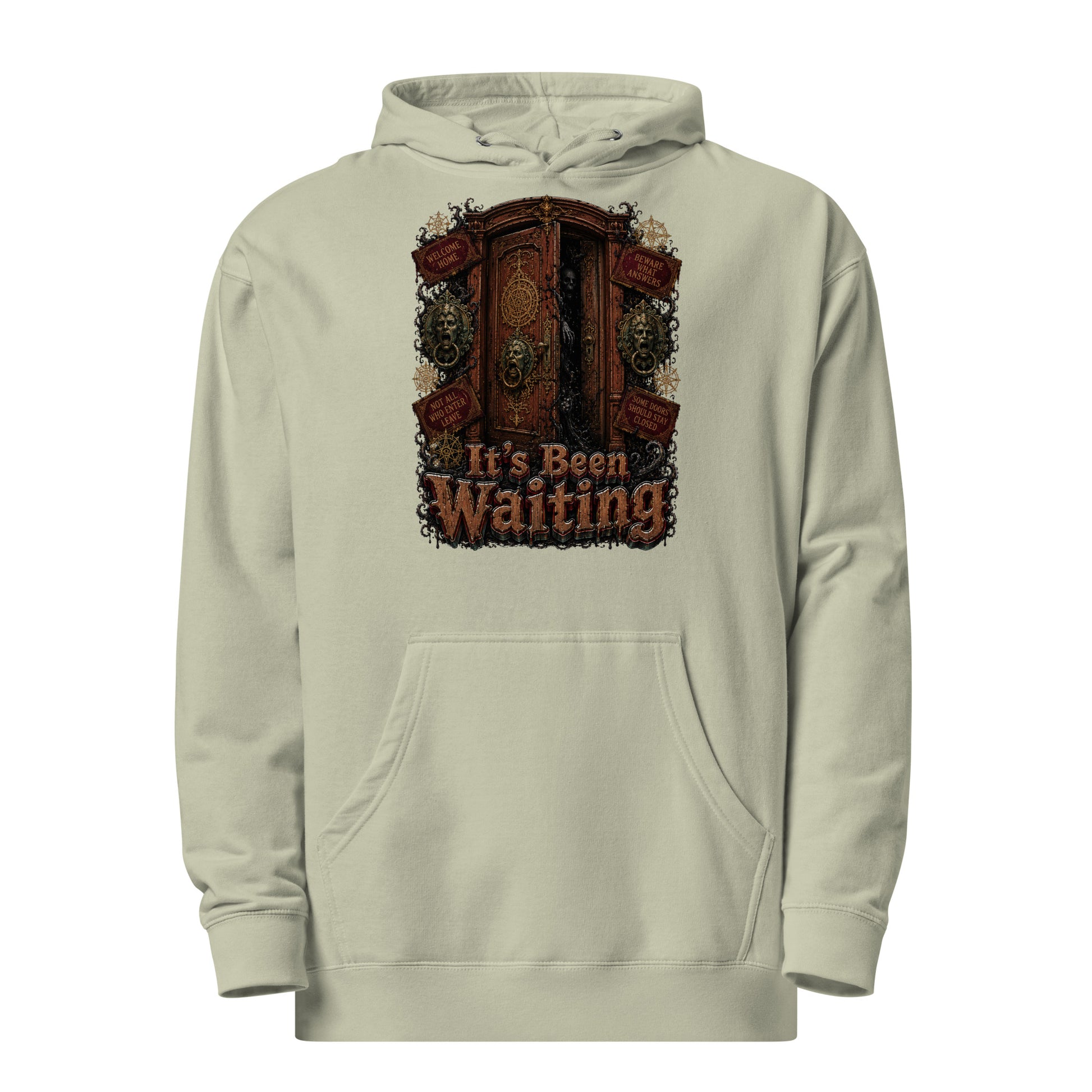 Horror and Mystery Lovers Unisex Midweight Hoodie — "It's Been Waiting" Haunted Door and Creepy Entity Design by printfluence.net