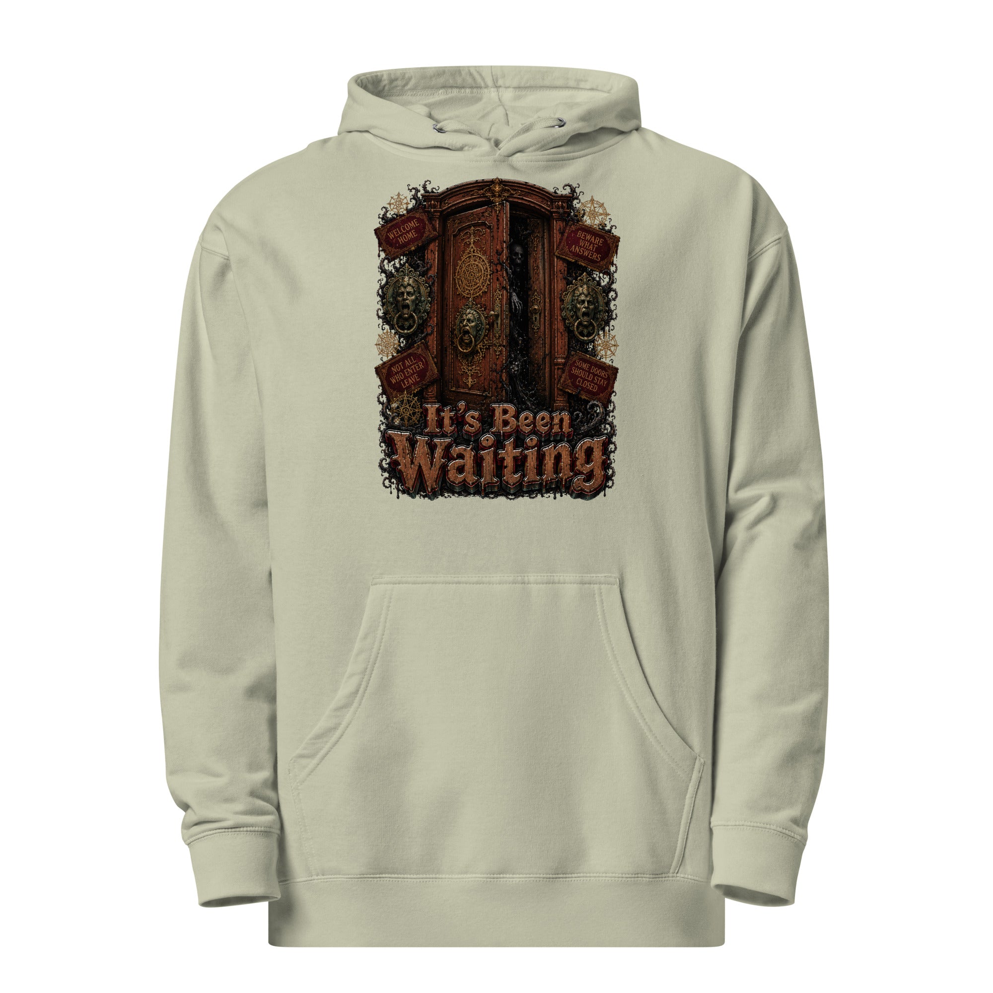 Horror and Mystery Lovers Unisex Midweight Hoodie — "It's Been Waiting" Haunted Door and Creepy Entity Design by printfluence.net