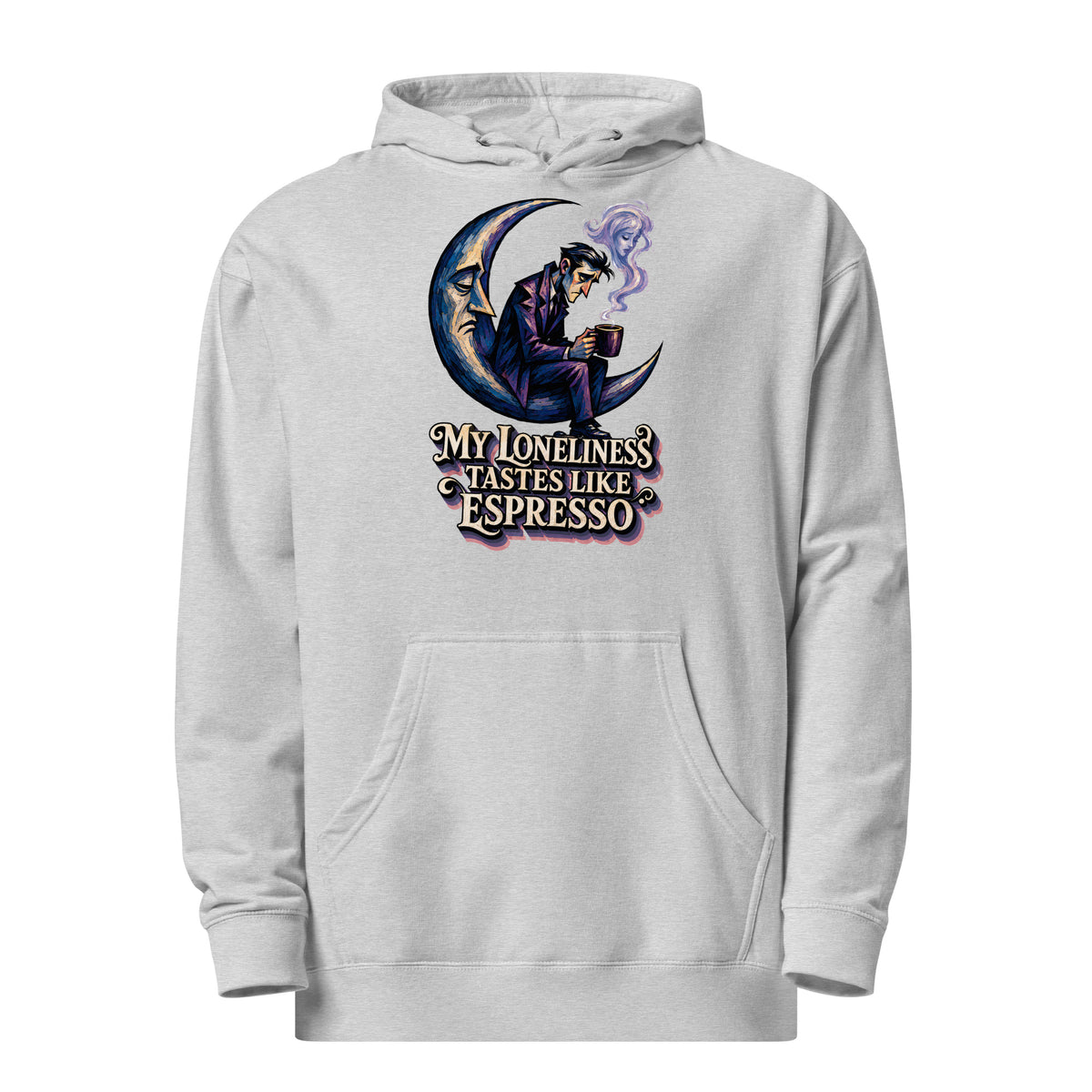 Coffee Lovers Unisex Midweight Hoodie My Loneliness Tastes Like Espresso – Melancholic Moon & Coffee Graphic Pullover by printfluence.net