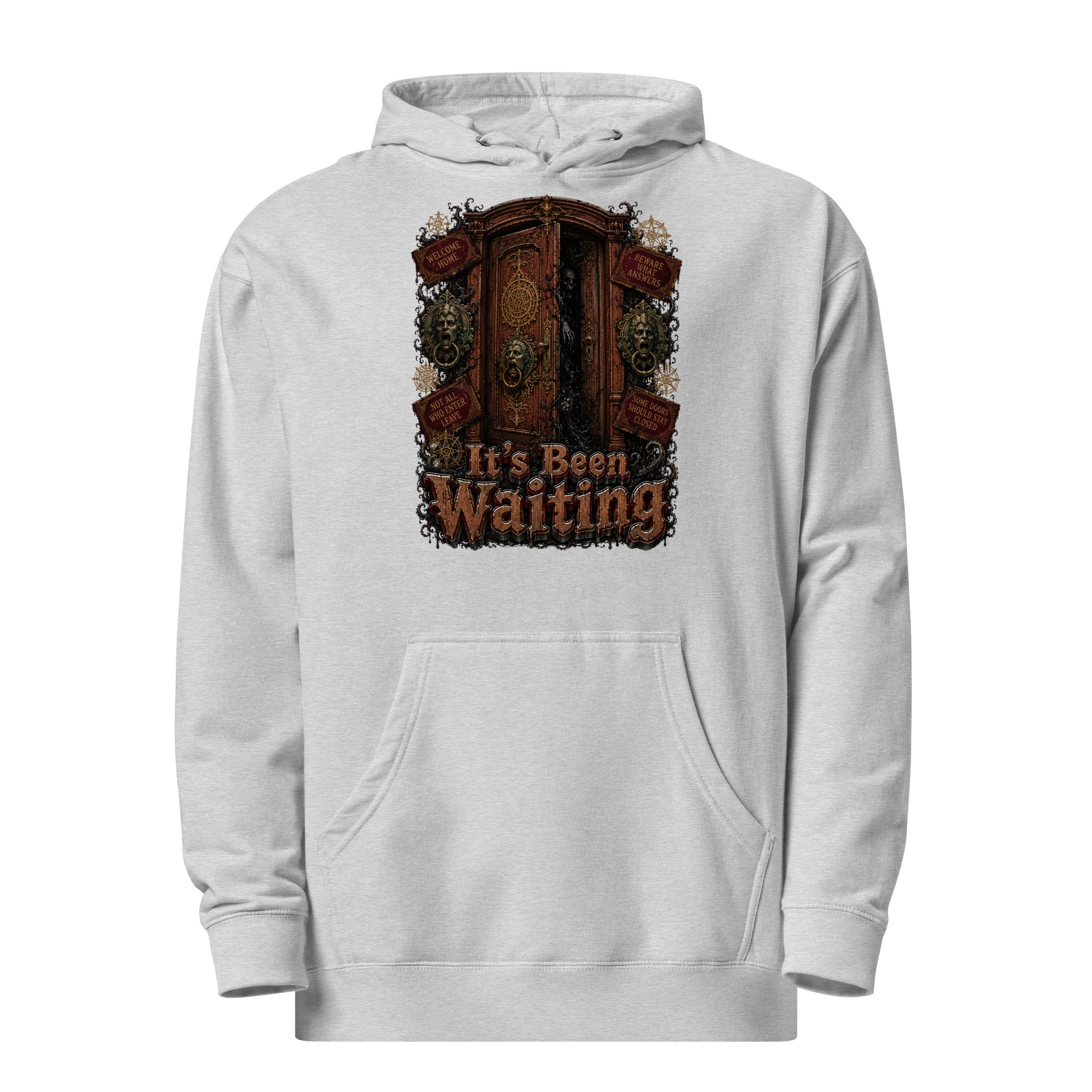 Horror and Mystery Lovers Unisex Midweight Hoodie — "It's Been Waiting" Haunted Door and Creepy Entity Design by printfluence.net