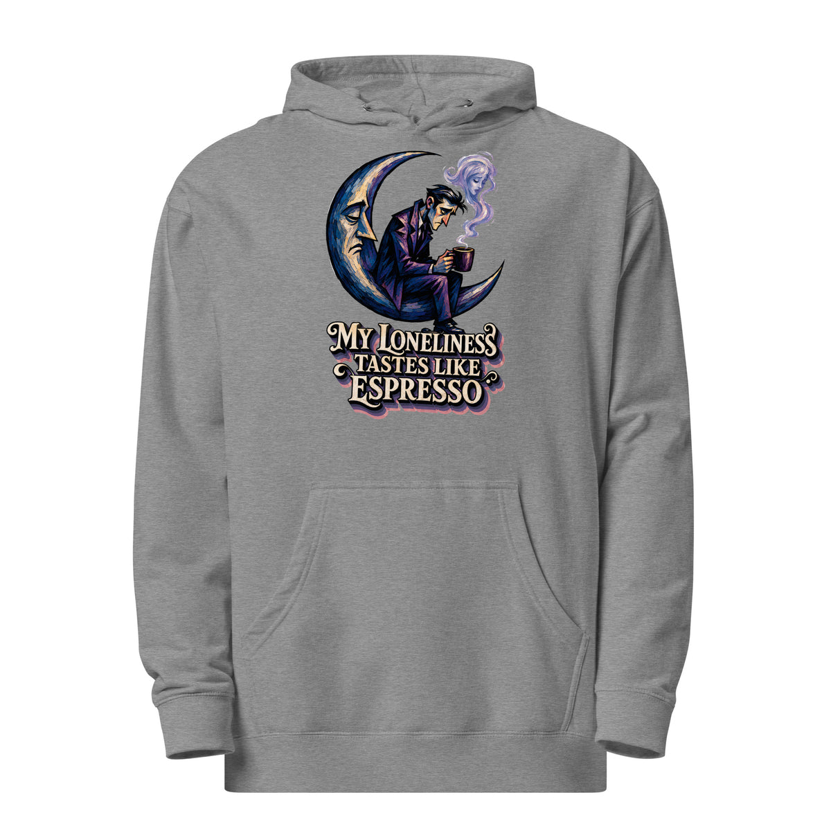Coffee Lovers Unisex Midweight Hoodie My Loneliness Tastes Like Espresso – Melancholic Moon & Coffee Graphic Pullover by printfluence.net