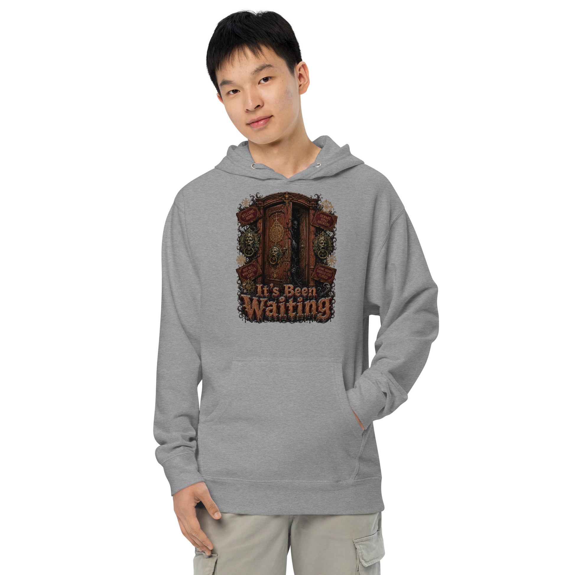 Horror and Mystery Lovers Unisex Midweight Hoodie — "It's Been Waiting" Haunted Door and Creepy Entity Design by printfluence.net