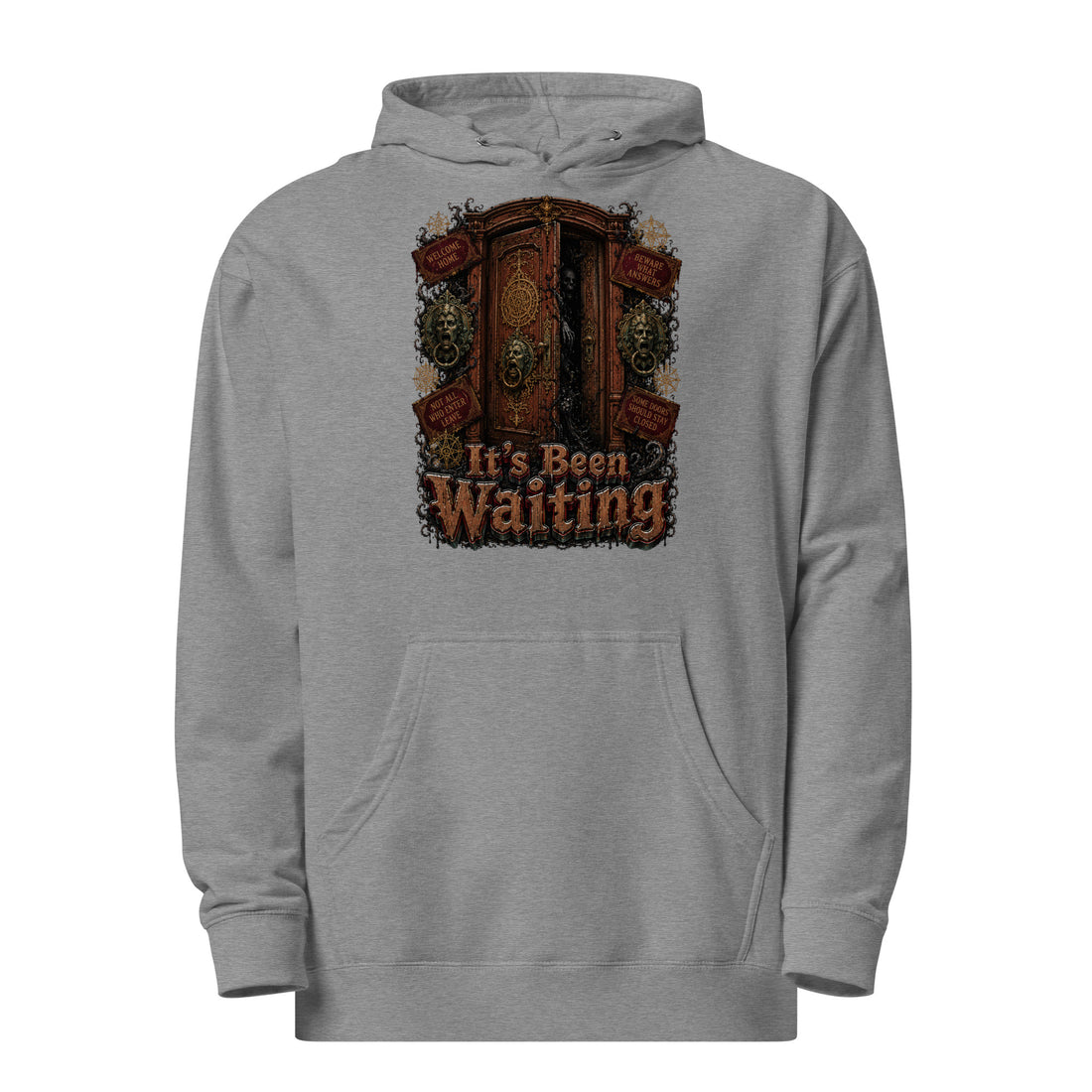 Horror and Mystery Lovers Unisex Midweight Hoodie — "It's Been Waiting" Haunted Door and Creepy Entity Design by printfluence.net