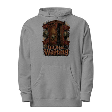 Horror and Mystery Lovers Unisex Midweight Hoodie — "It's Been Waiting" Haunted Door and Creepy Entity Design by printfluence.net