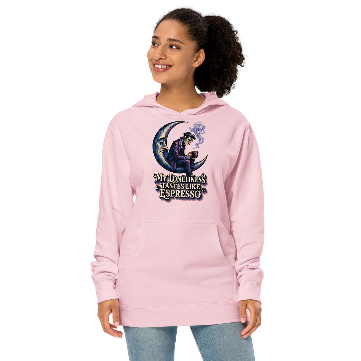 Coffee Lovers Unisex Midweight Hoodie My Loneliness Tastes Like Espresso – Melancholic Moon & Coffee Graphic Pullover by printfluence.net