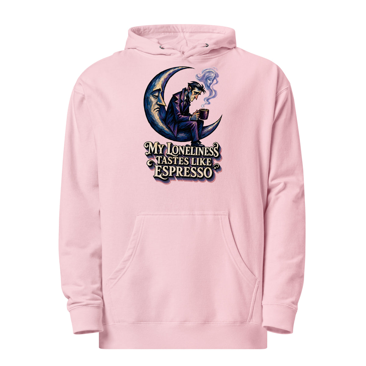 Coffee Lovers Unisex Midweight Hoodie My Loneliness Tastes Like Espresso – Melancholic Moon & Coffee Graphic Pullover by printfluence.net
