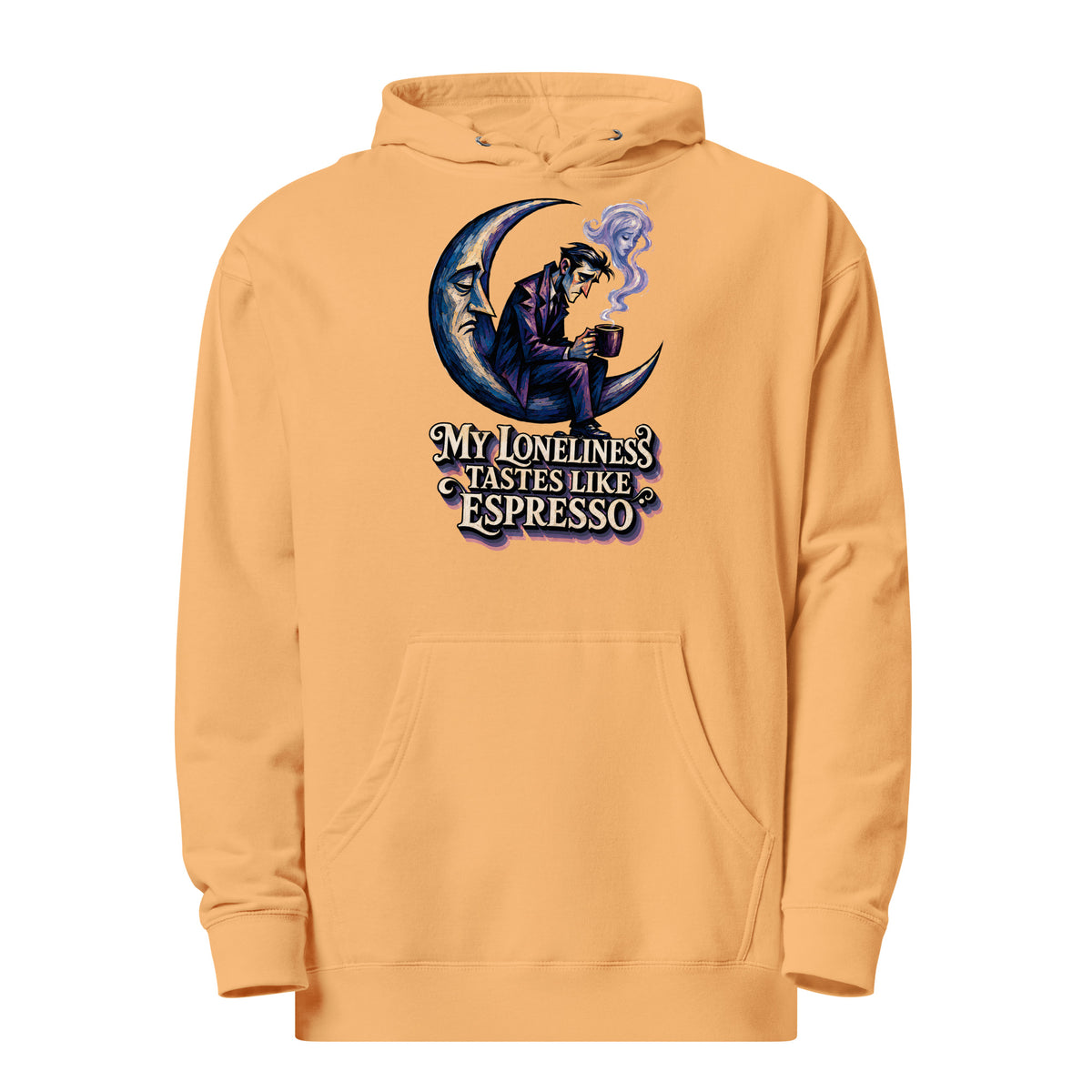 Coffee Lovers Unisex Midweight Hoodie My Loneliness Tastes Like Espresso – Melancholic Moon & Coffee Graphic Pullover by printfluence.net