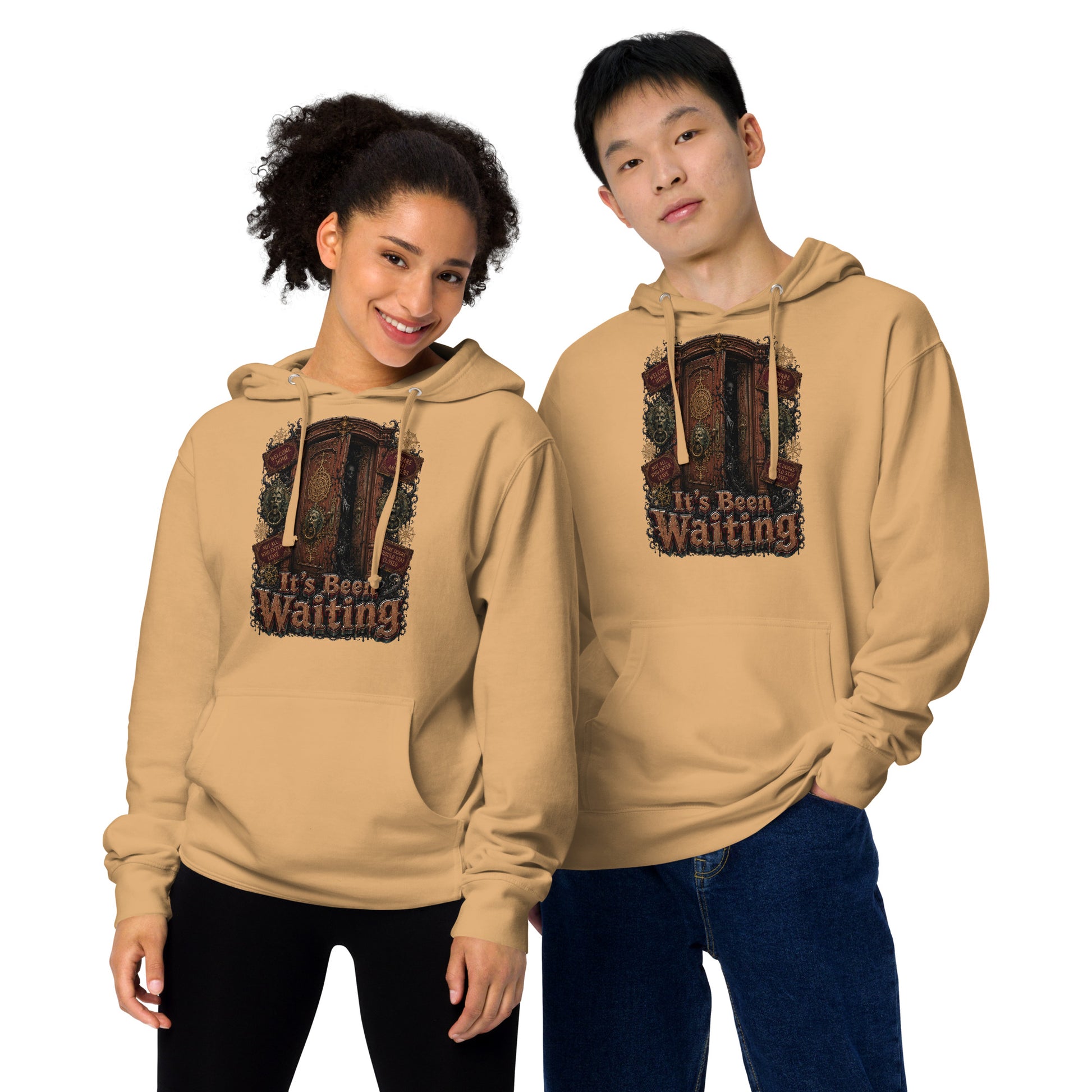 Horror and Mystery Lovers Unisex Midweight Hoodie — "It's Been Waiting" Haunted Door and Creepy Entity Design by printfluence.net