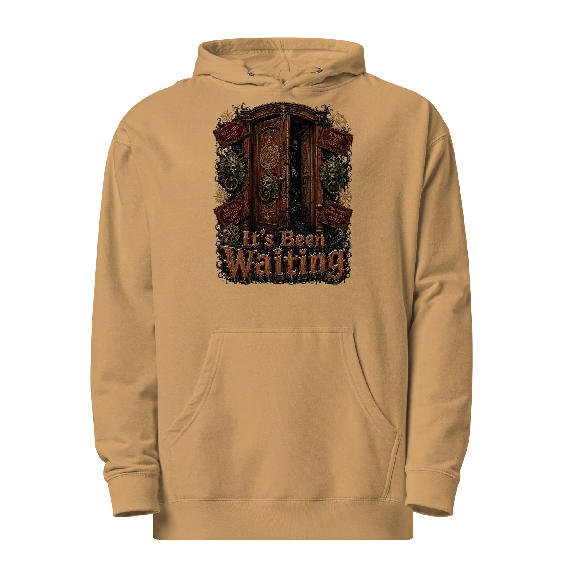 Horror and Mystery Lovers Unisex Midweight Hoodie — "It's Been Waiting" Haunted Door and Creepy Entity Design by printfluence.net
