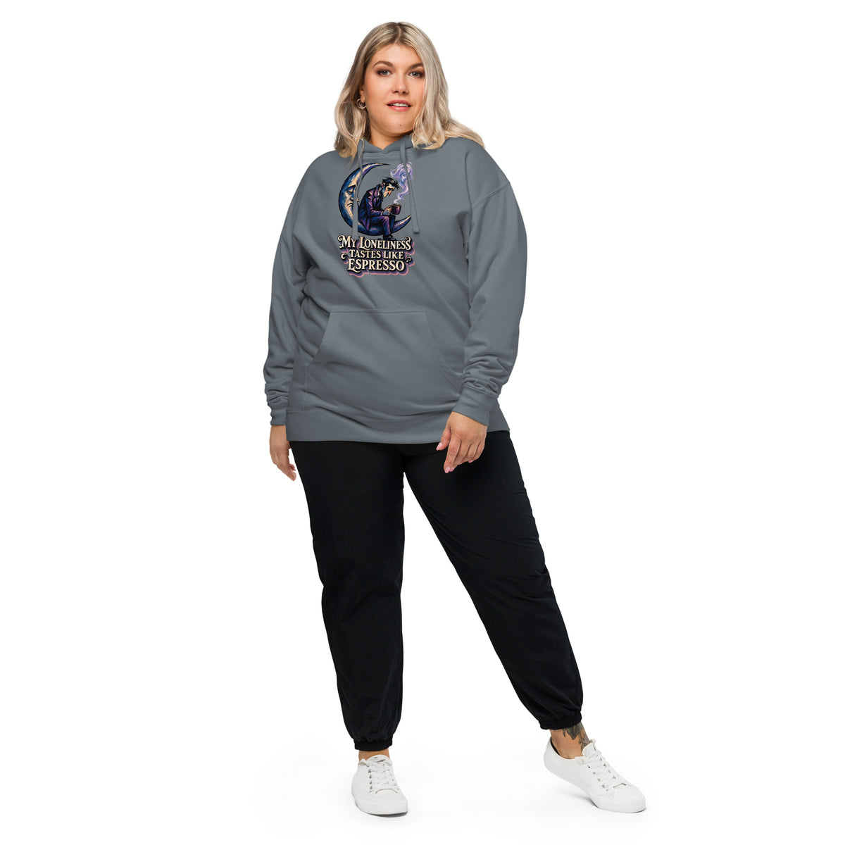 Coffee Lovers Unisex Midweight Hoodie My Loneliness Tastes Like Espresso – Melancholic Moon & Coffee Graphic Pullover by printfluence.net