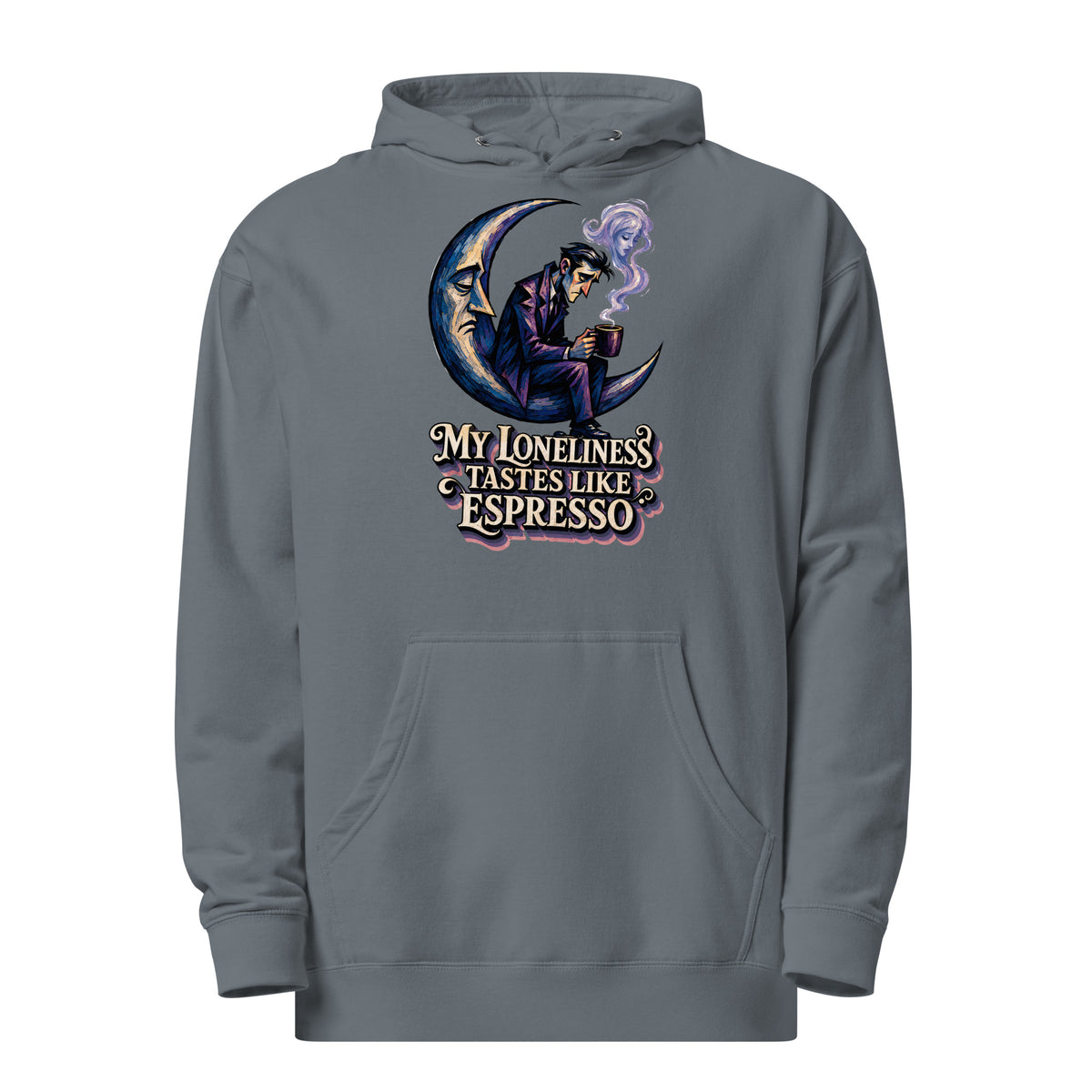 Coffee Lovers Unisex Midweight Hoodie My Loneliness Tastes Like Espresso – Melancholic Moon & Coffee Graphic Pullover by printfluence.net