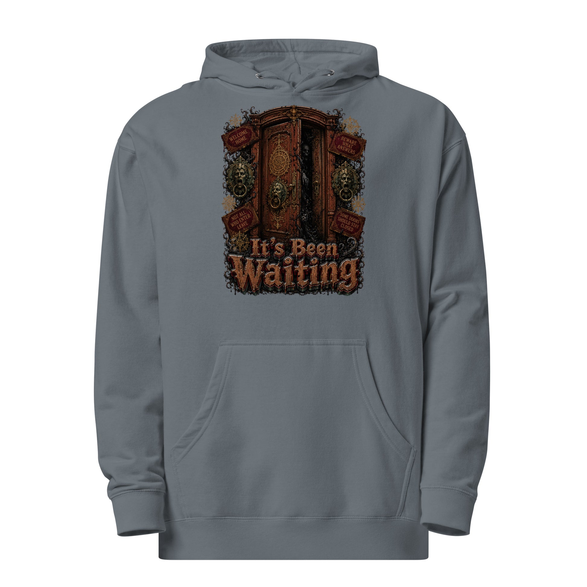 Horror and Mystery Lovers Unisex Midweight Hoodie — "It's Been Waiting" Haunted Door and Creepy Entity Design by printfluence.net