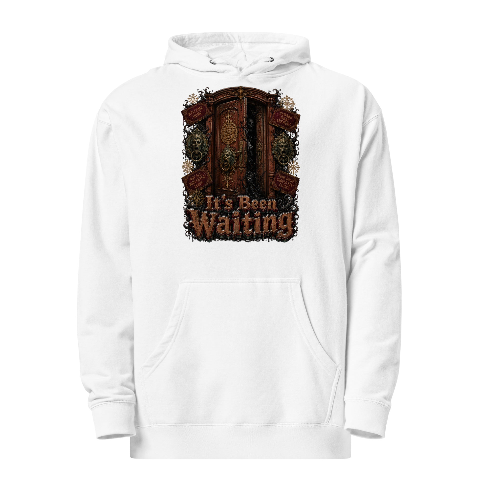 Horror and Mystery Lovers Unisex Midweight Hoodie — "It's Been Waiting" Haunted Door and Creepy Entity Design by printfluence.net